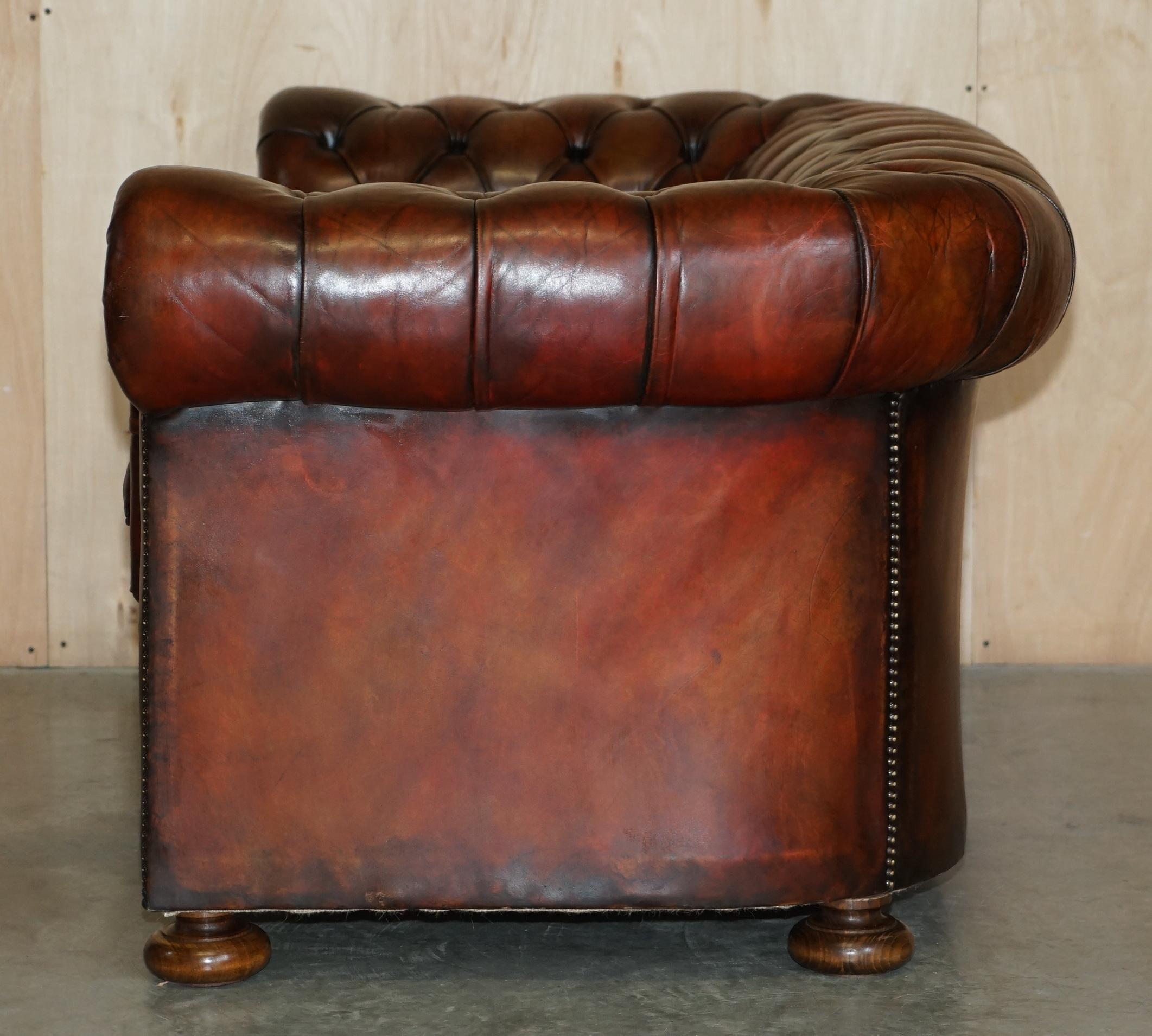 Pair of Restored Antique Gentleman's Tufted Chesterfield Brown Leather Sofas For Sale 9