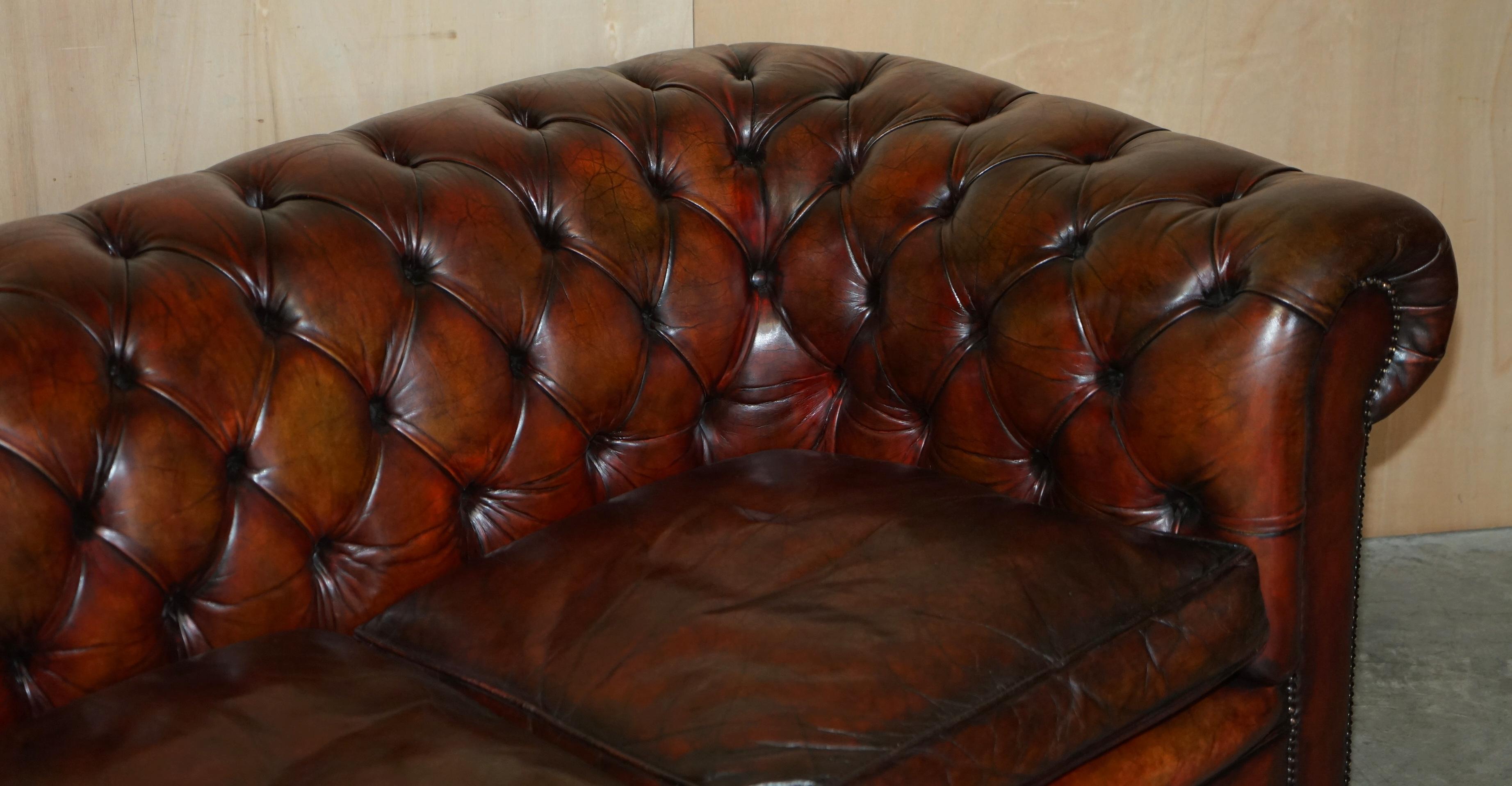 Pair of Restored Antique Gentleman's Tufted Chesterfield Brown Leather Sofas For Sale 14