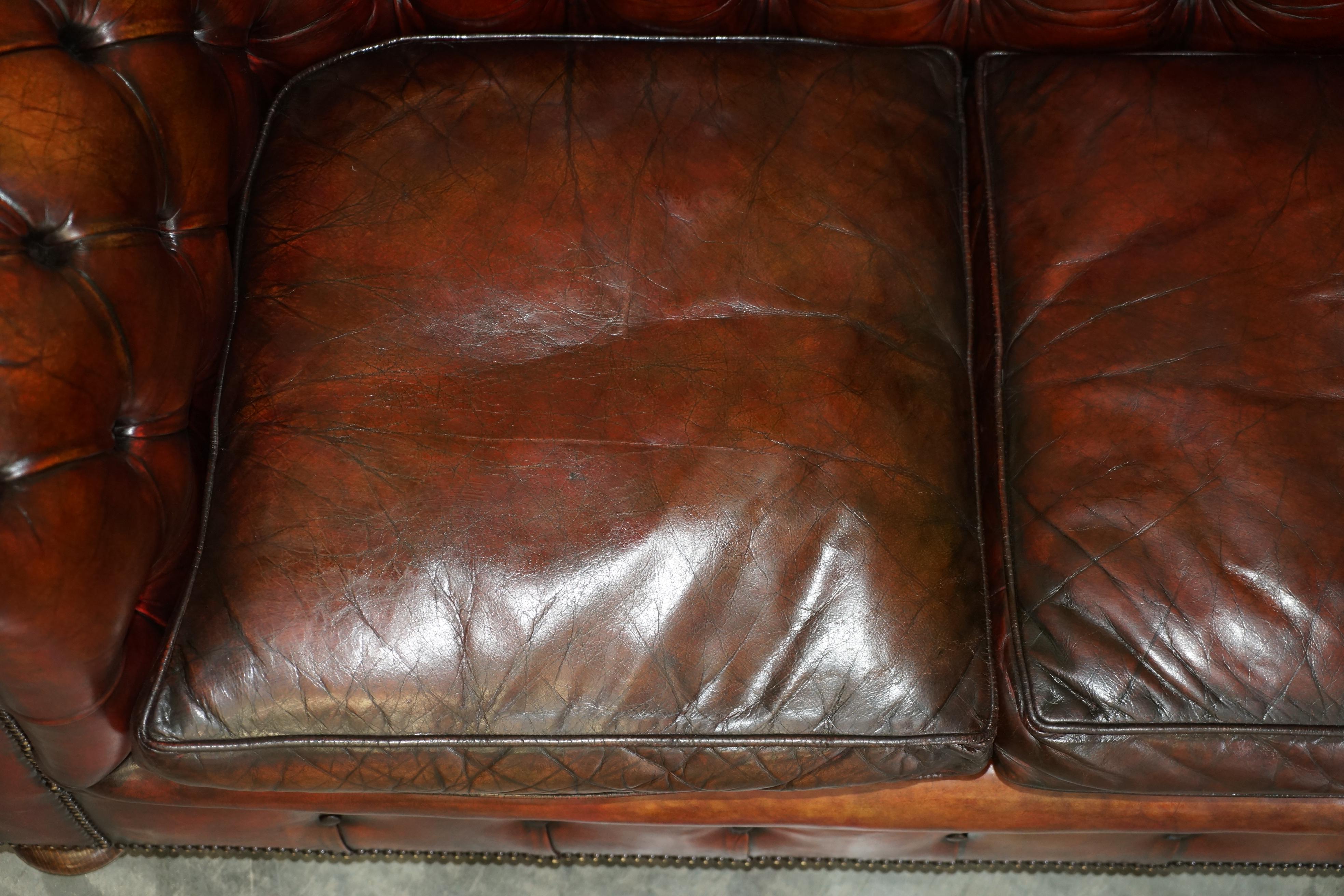 Pair of Restored Antique Gentleman's Tufted Chesterfield Brown Leather Sofas For Sale 2