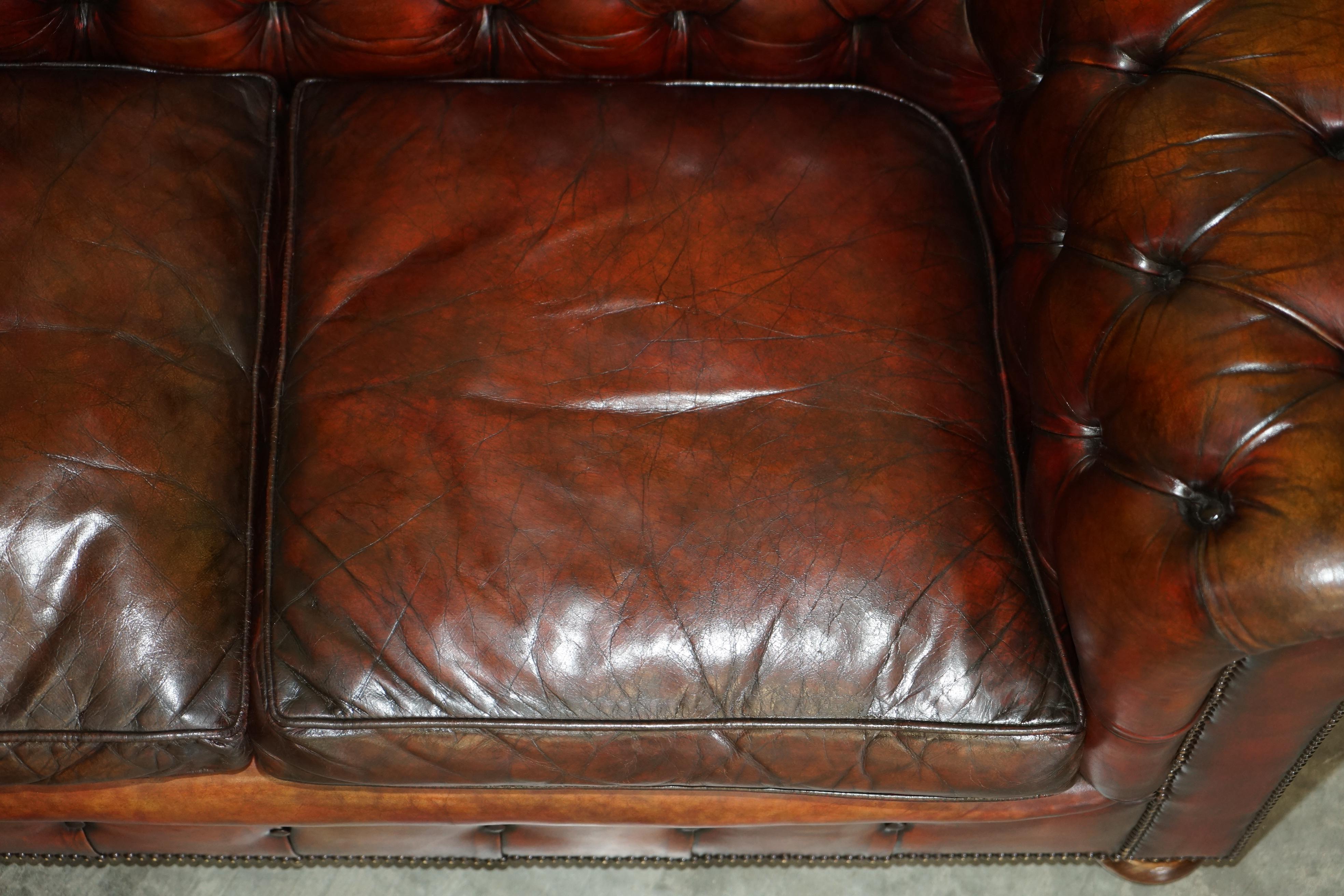 Pair of Restored Antique Gentleman's Tufted Chesterfield Brown Leather Sofas For Sale 3