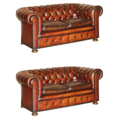 Pair of Restored Antique Gentleman's Tufted Chesterfield Brown Leather Sofas