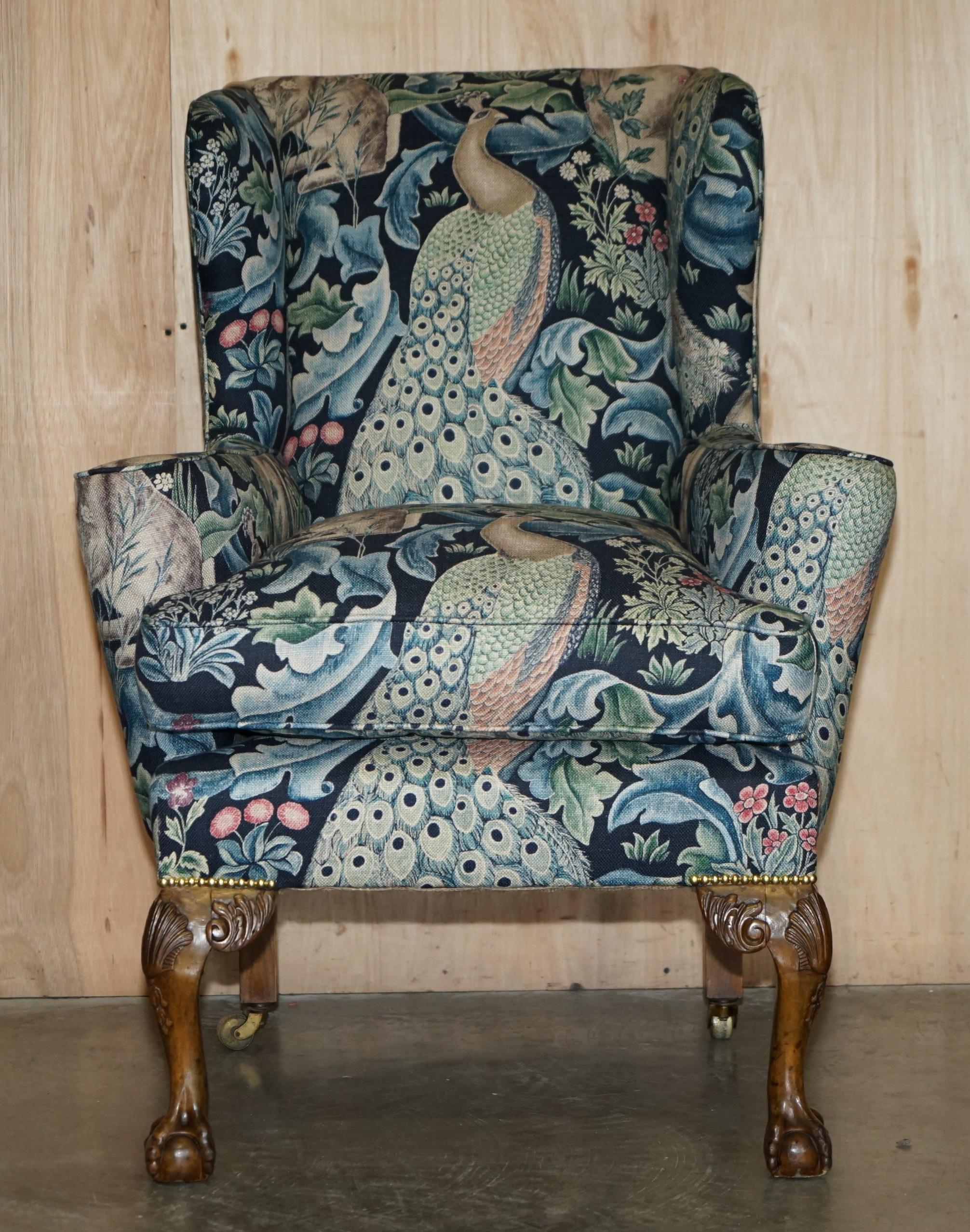 English PAIR OF RESTORED ANTiQUE WILLIAM MORRIS FOREST CLAW & BALL WINGBACK ARMCHAIRS For Sale