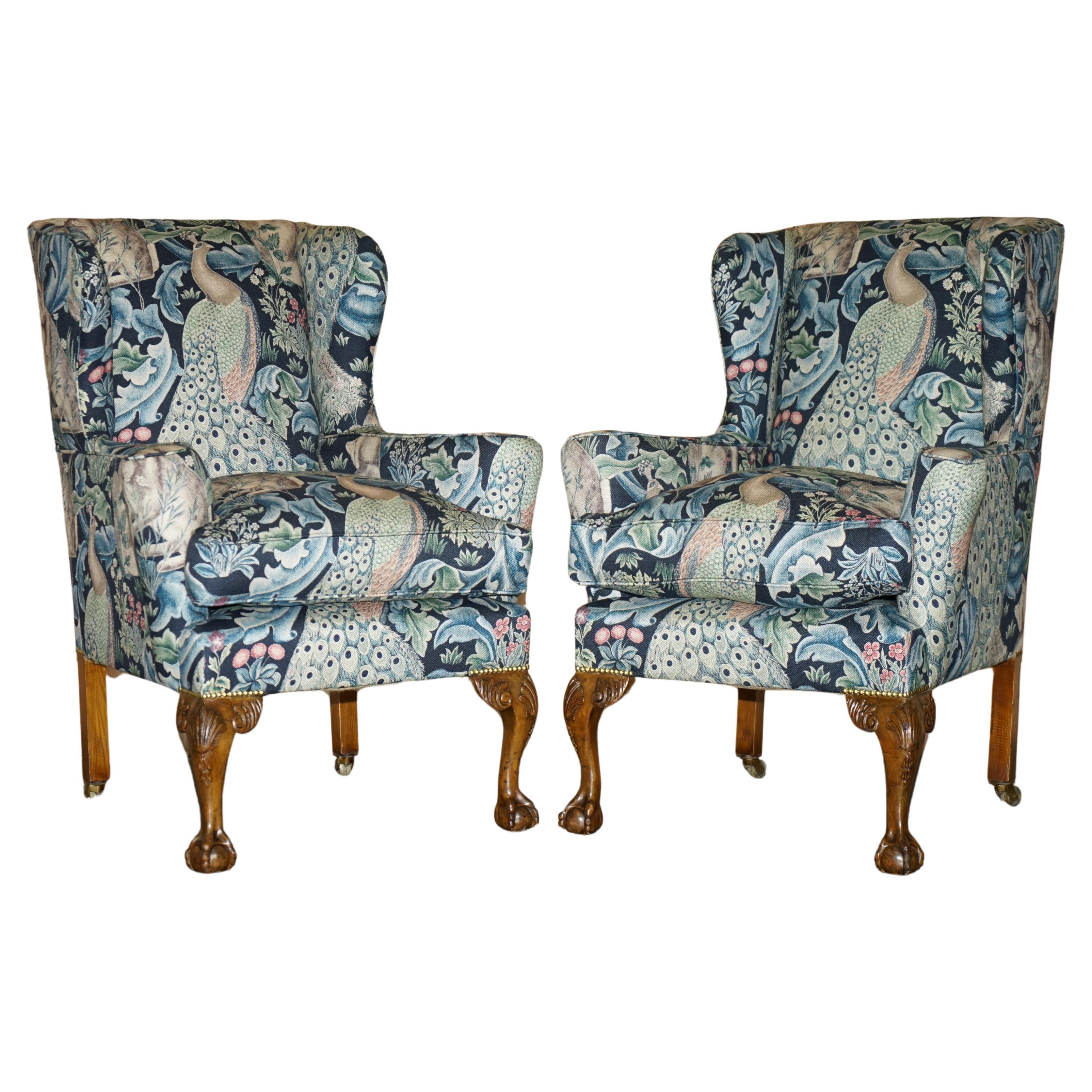 PAIR OF RESTORED ANTiQUE WILLIAM MORRIS FOREST CLAW & BALL WINGBACK ARMCHAIRS For Sale