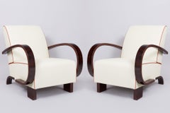 Pair of Restored Art Deco Armchairs, Walnut, Leather, Repolished, Czech, 1930s