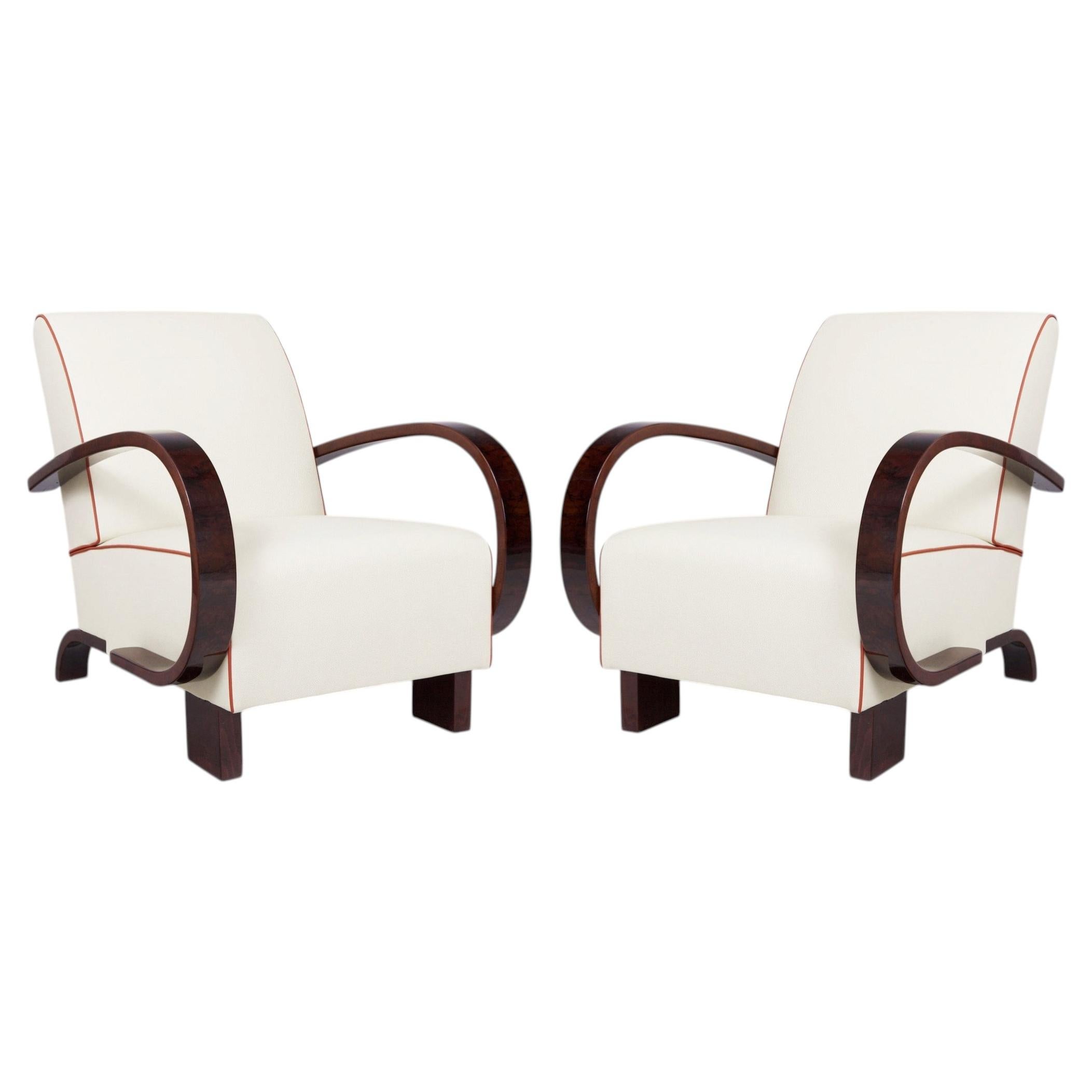 Pair of Restored Art Deco Armchairs, Walnut, Leather, Repolished, Czech, 1930s For Sale