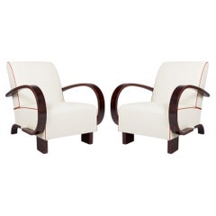 Pair of Restored Art Deco Armchairs, Walnut, Leather, Repolished, Czech, 1930s
