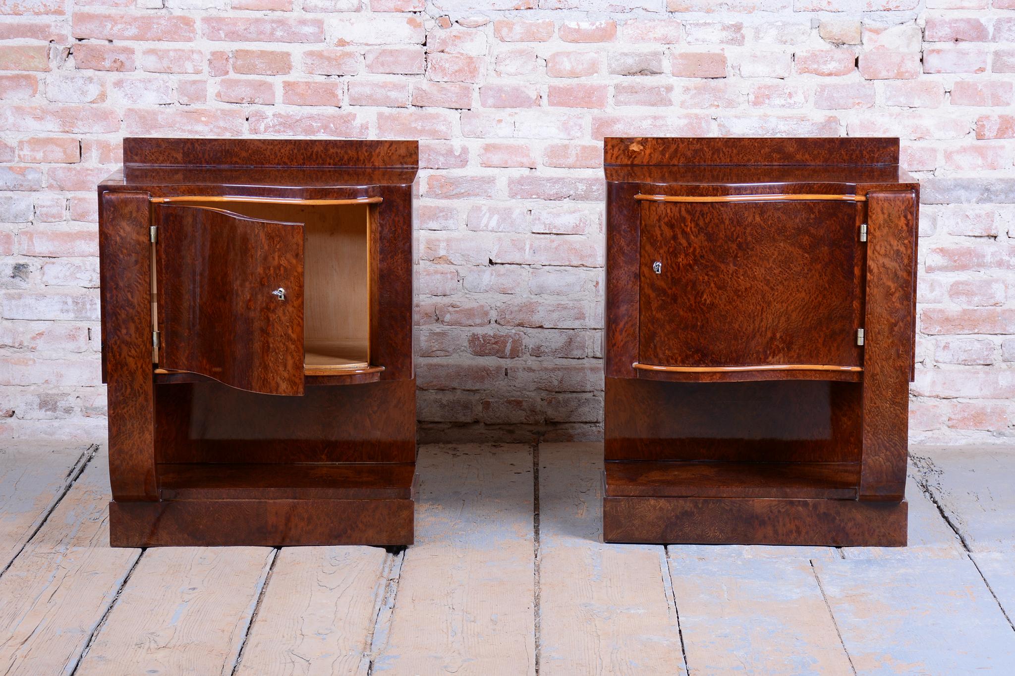 French Pair of Restored Art Deco Bedside Tables, Beech, Revived Polish, France, 1920s For Sale