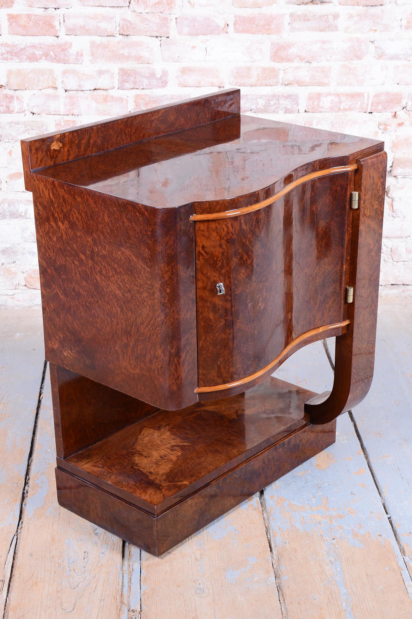 Early 20th Century Pair of Restored Art Deco Bedside Tables, Beech, Revived Polish, France, 1920s For Sale