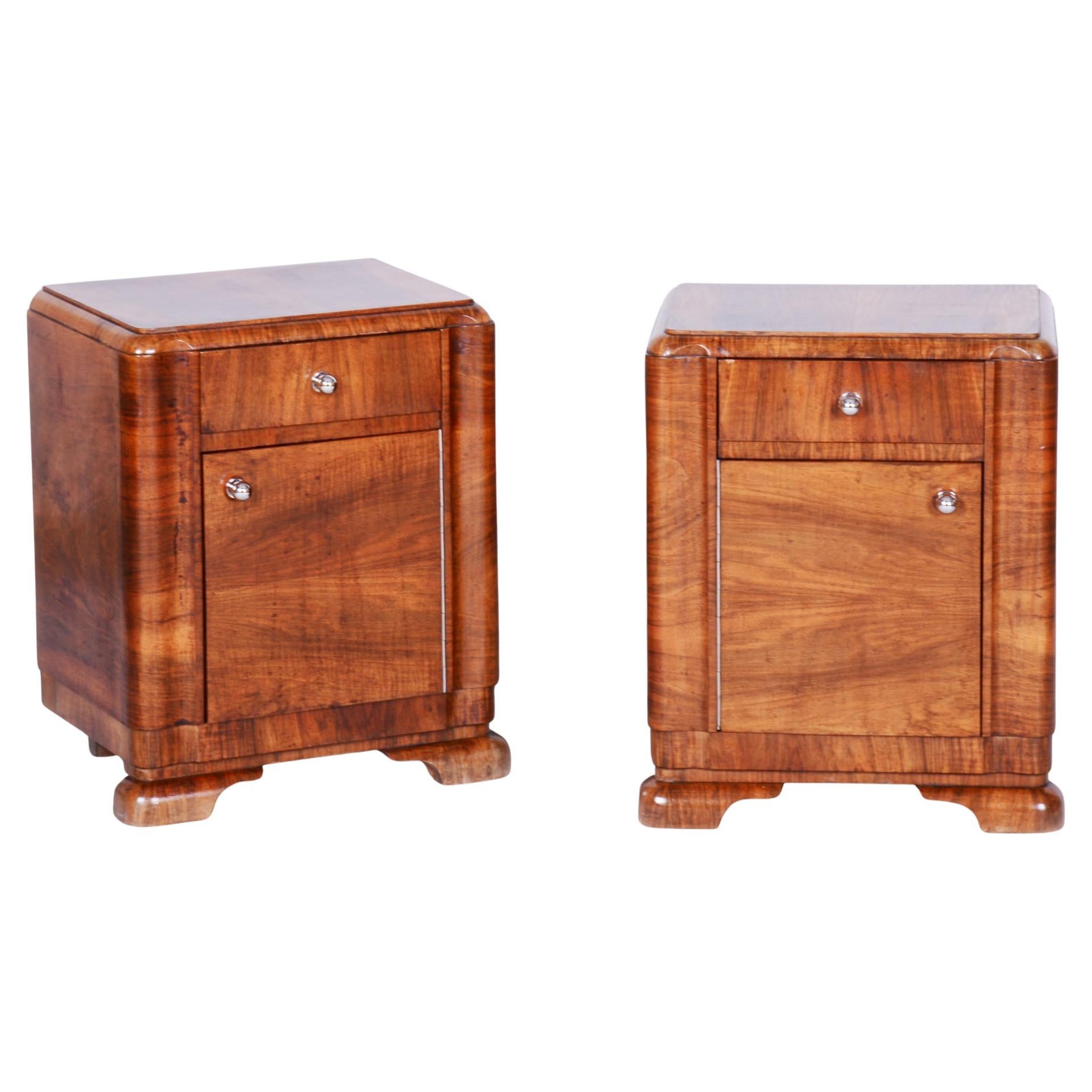 Pair of Restored Art Deco Bedside Tables, Walnut, Polish, Czech, 1930s For Sale