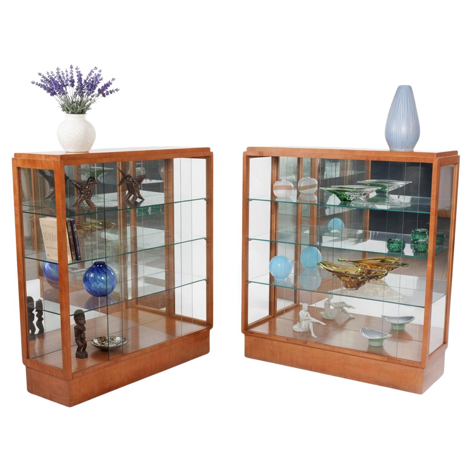 Pair of Restored Art Deco Display Cabinets, Maple, Glass, Mirror, Czech, 1930s For Sale