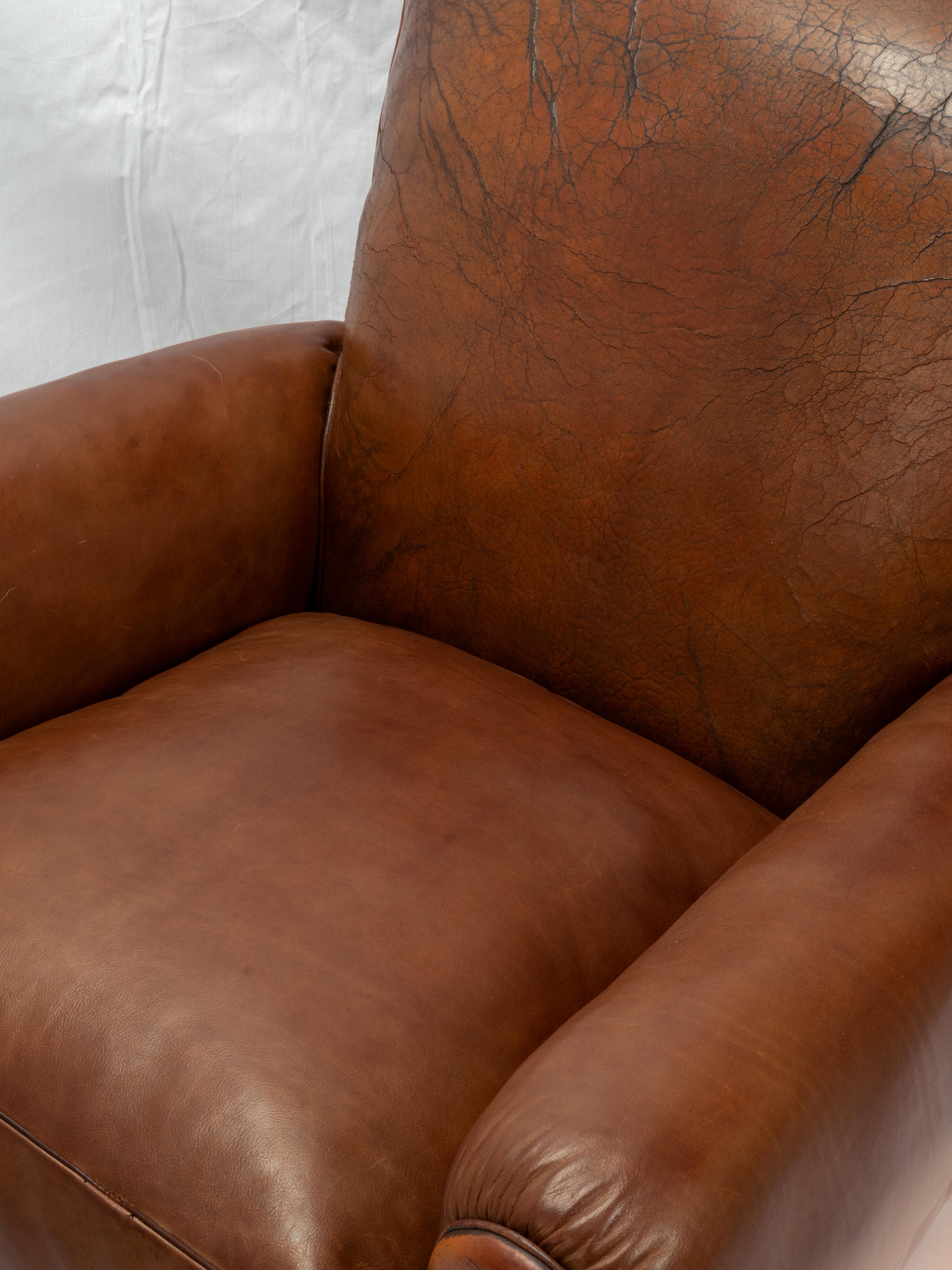 Pair Of Restored Art Deco French Leather Mustache Club Chairs For Sale 6