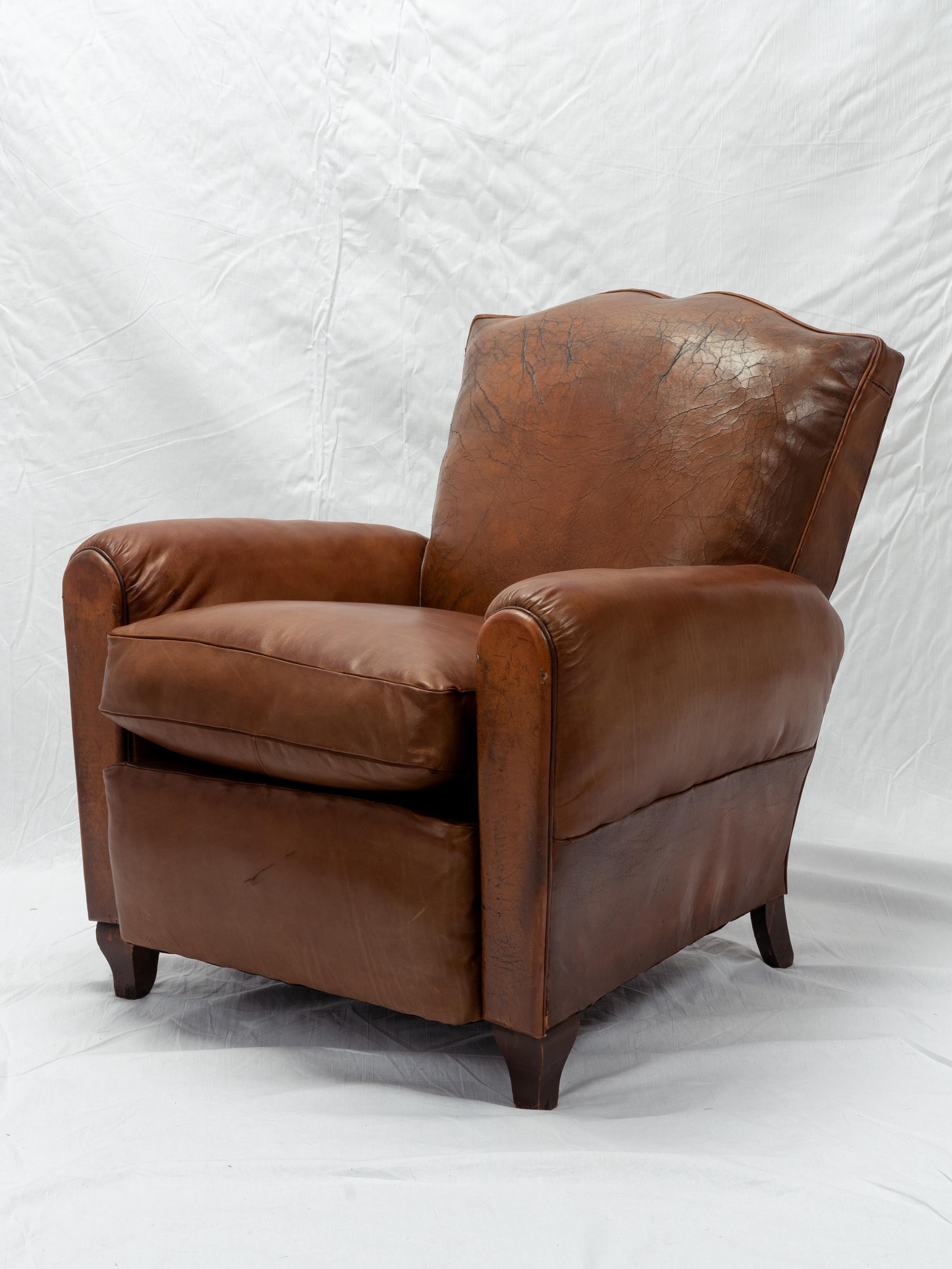 Pair Of Restored Art Deco French Leather Mustache Club Chairs In Good Condition For Sale In Fort Collins, CO