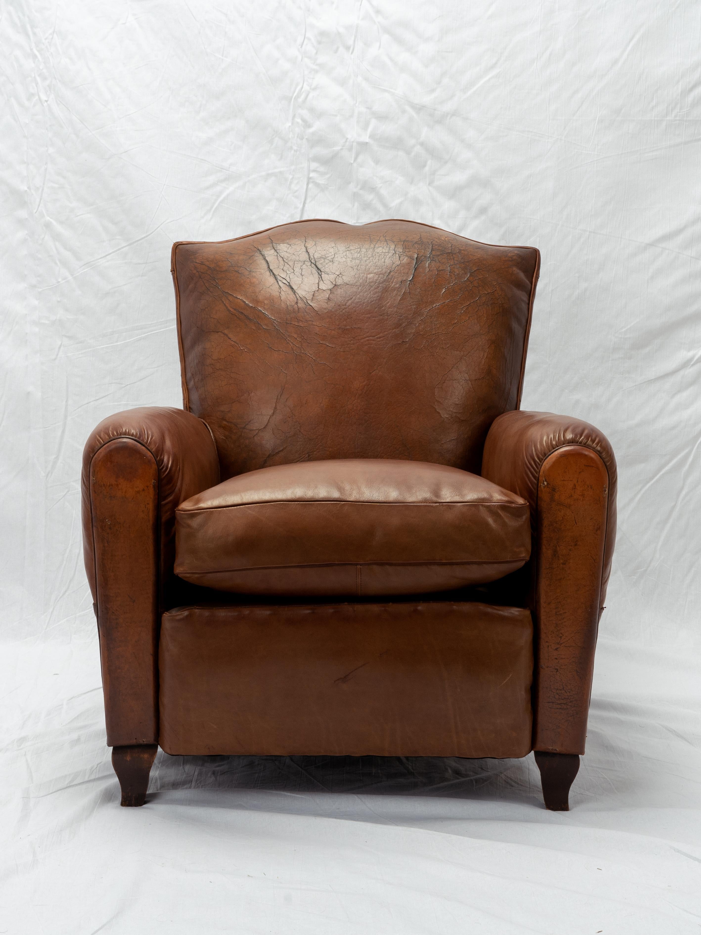19th Century Pair Of Restored Art Deco French Leather Mustache Club Chairs For Sale