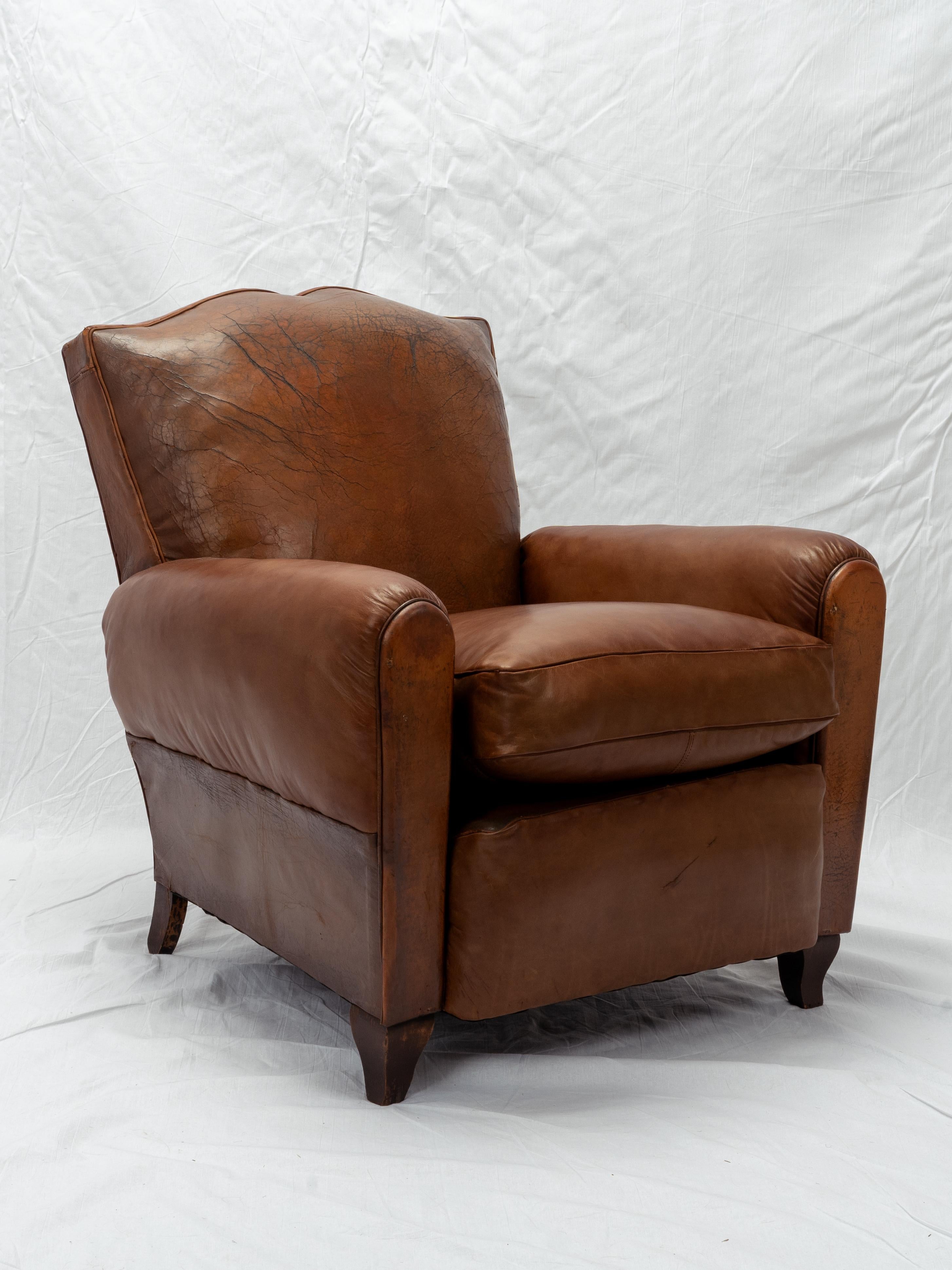 Pair Of Restored Art Deco French Leather Mustache Club Chairs For Sale 1