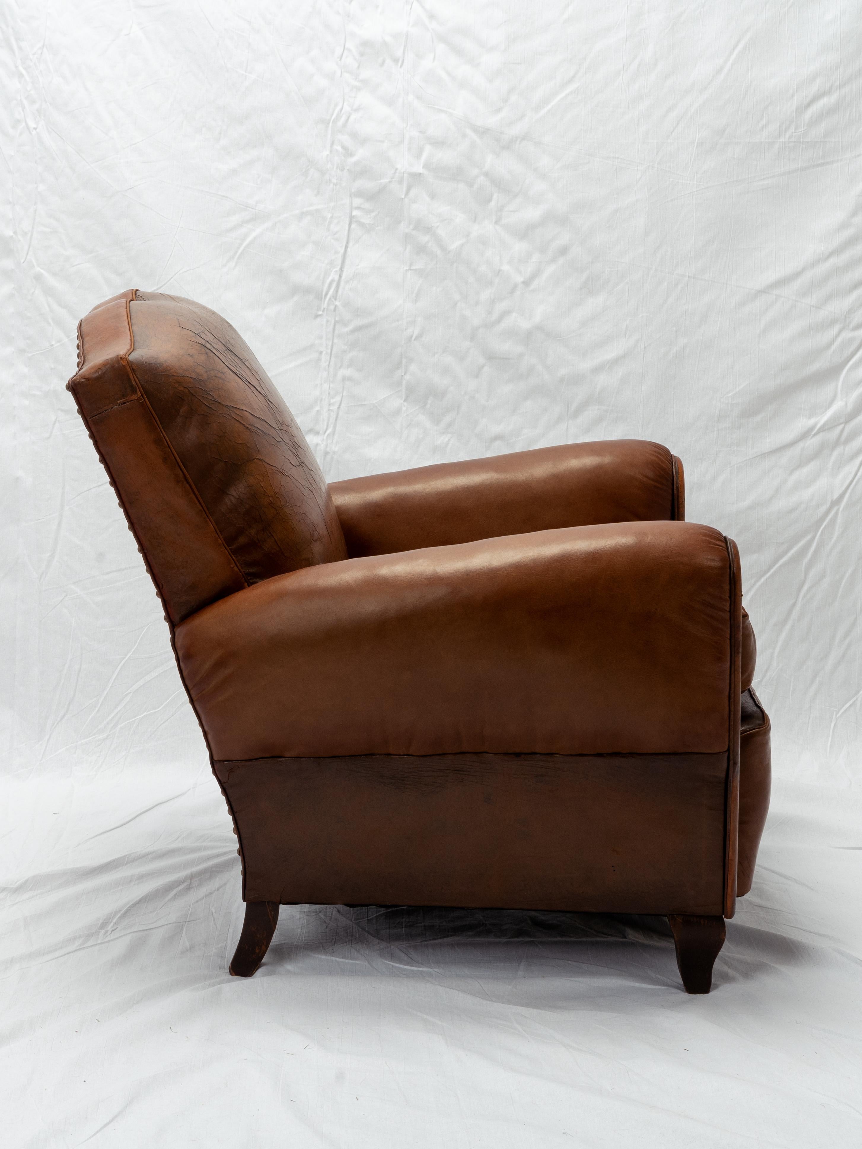 Pair Of Restored Art Deco French Leather Mustache Club Chairs For Sale 3