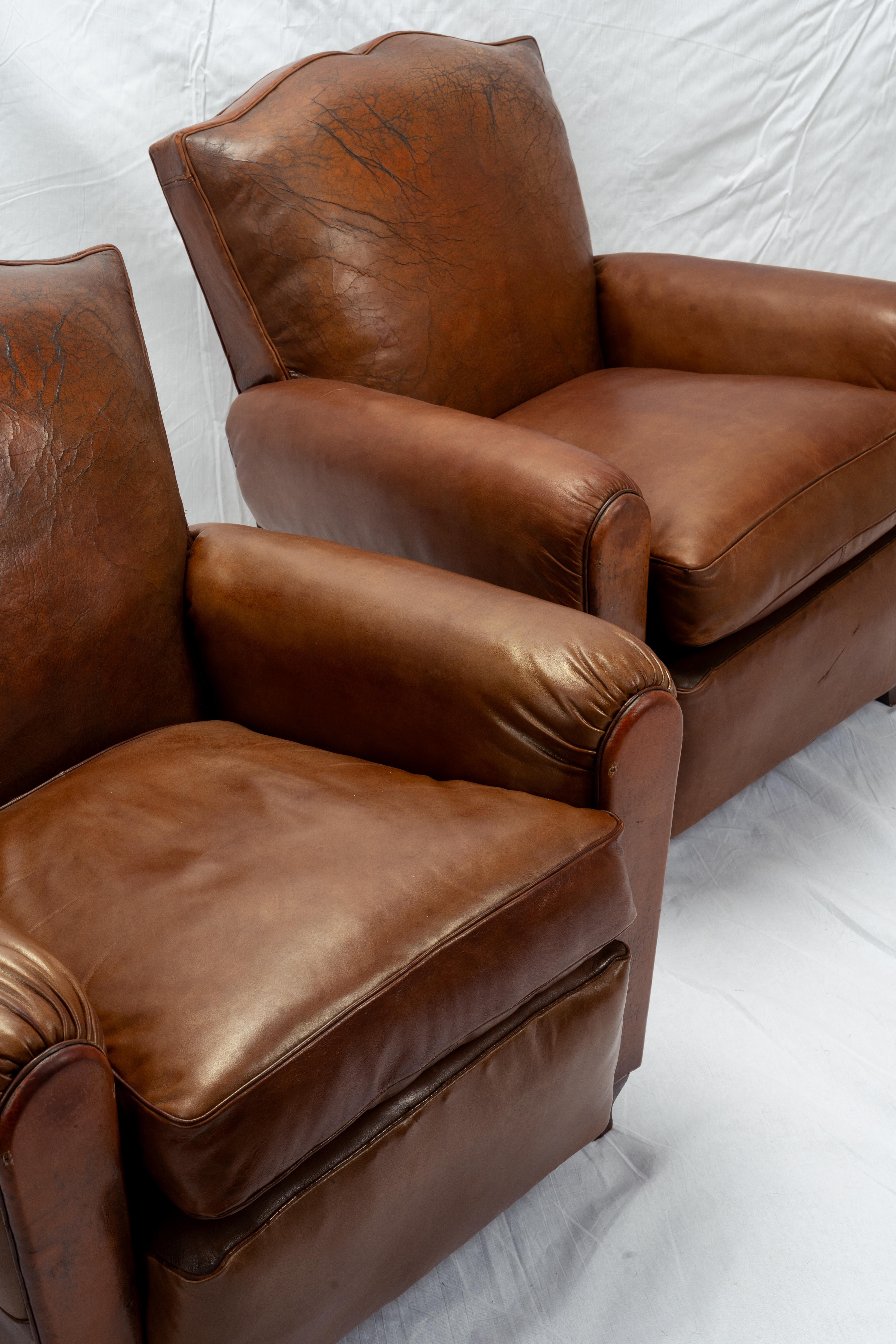Pair Of Restored Art Deco French Leather Mustache Club Chairs For Sale 4