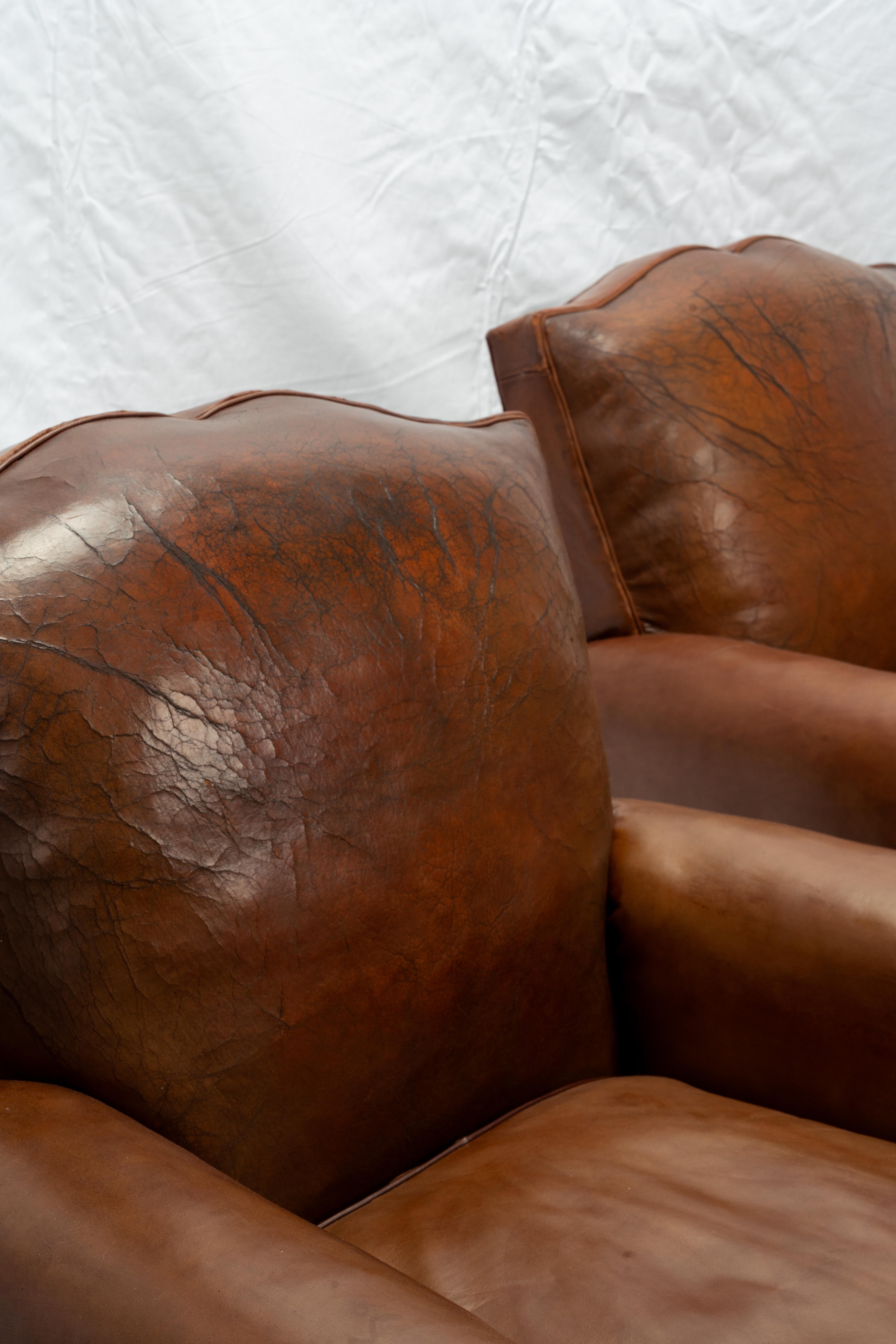 Pair Of Restored Art Deco French Leather Mustache Club Chairs For Sale 5