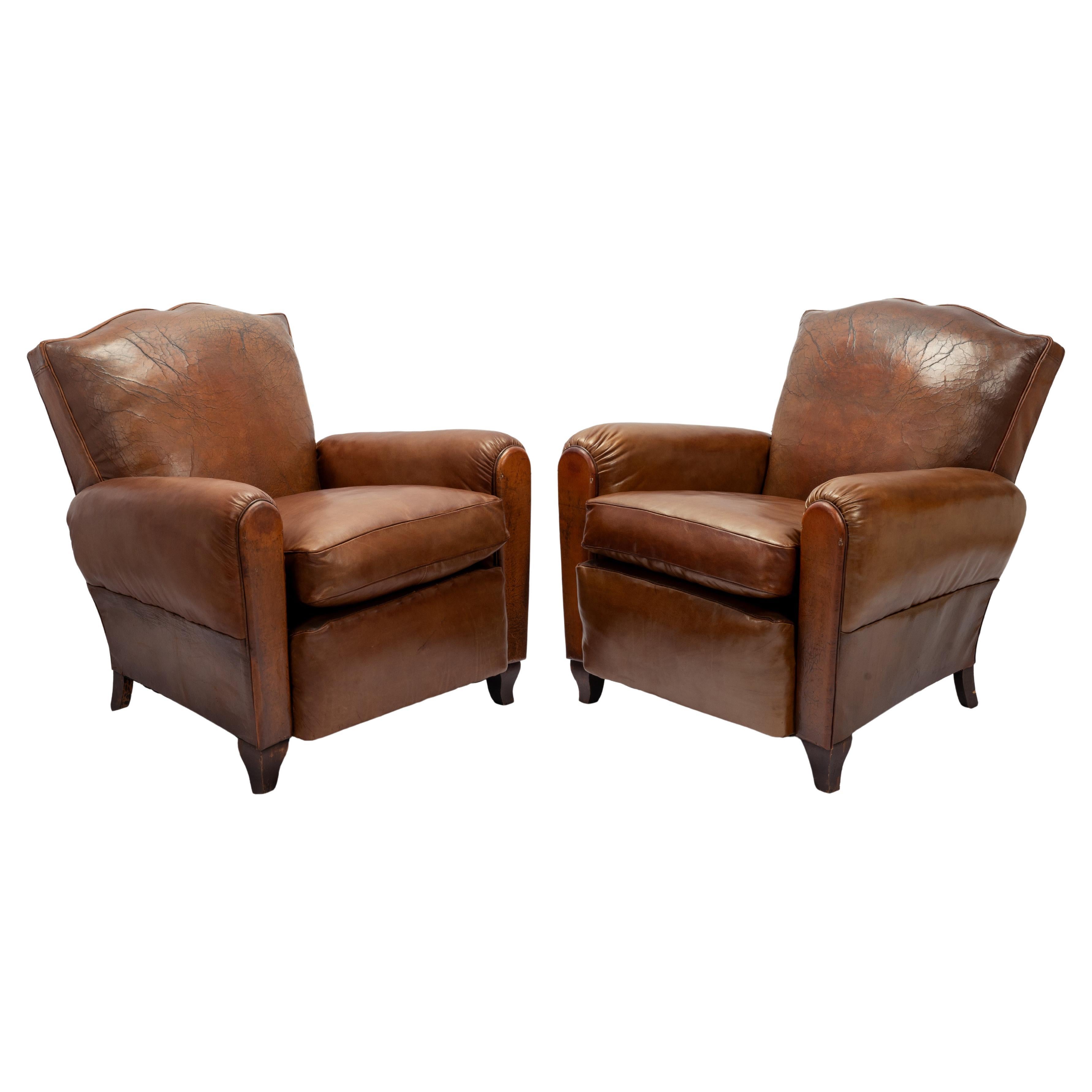 Pair Of Restored Art Deco French Leather Mustache Club Chairs