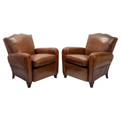 Antique Pair Of Restored Art Deco French Leather Mustache Club Chairs