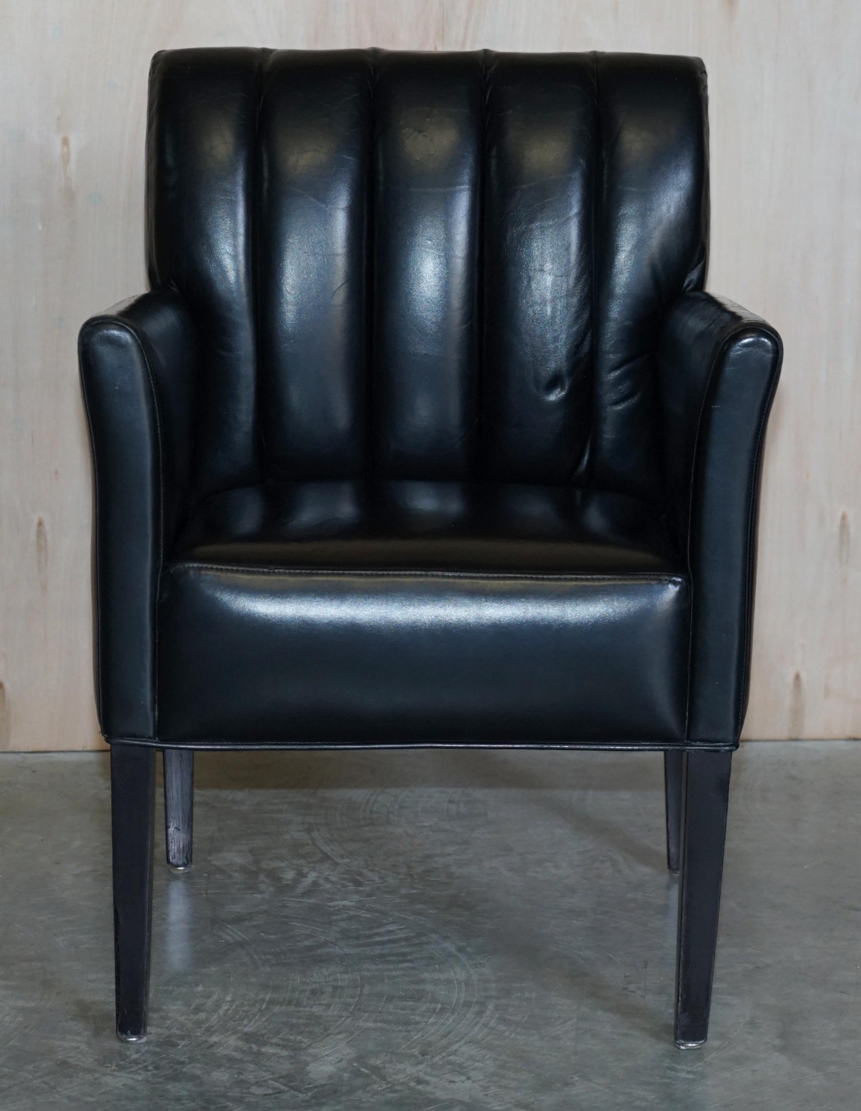 English Pair of Restored Art Deco Mid-Century Modern Style Fluted Back Leather Armchair For Sale