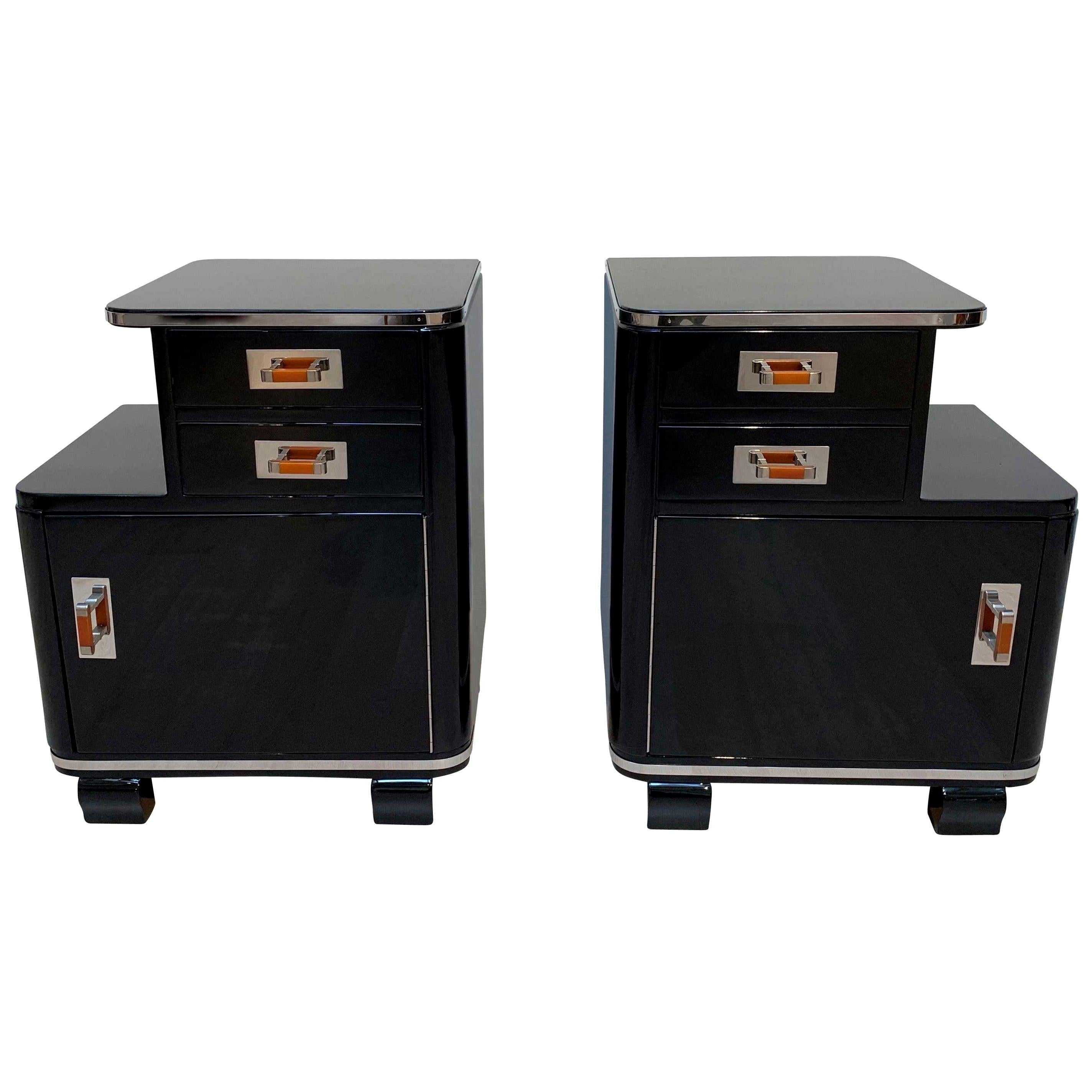 Pair of restored Art Deco Nightstands, Black Lacquer, Nickel, France, circa 1930