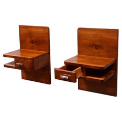 Pair of Restored Art Deco Walnut Hanging Bedside Tables, Shelves, Czechia, 1930s