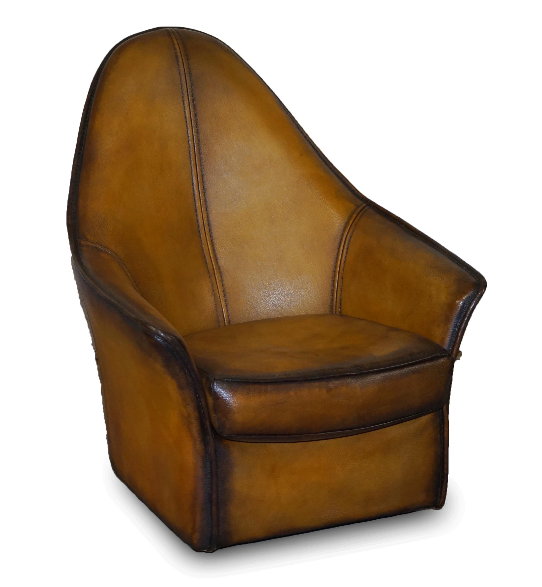 Pair of Restored Art Modern Curved Back Brown Leather Armchairs Part of Suite For Sale 5