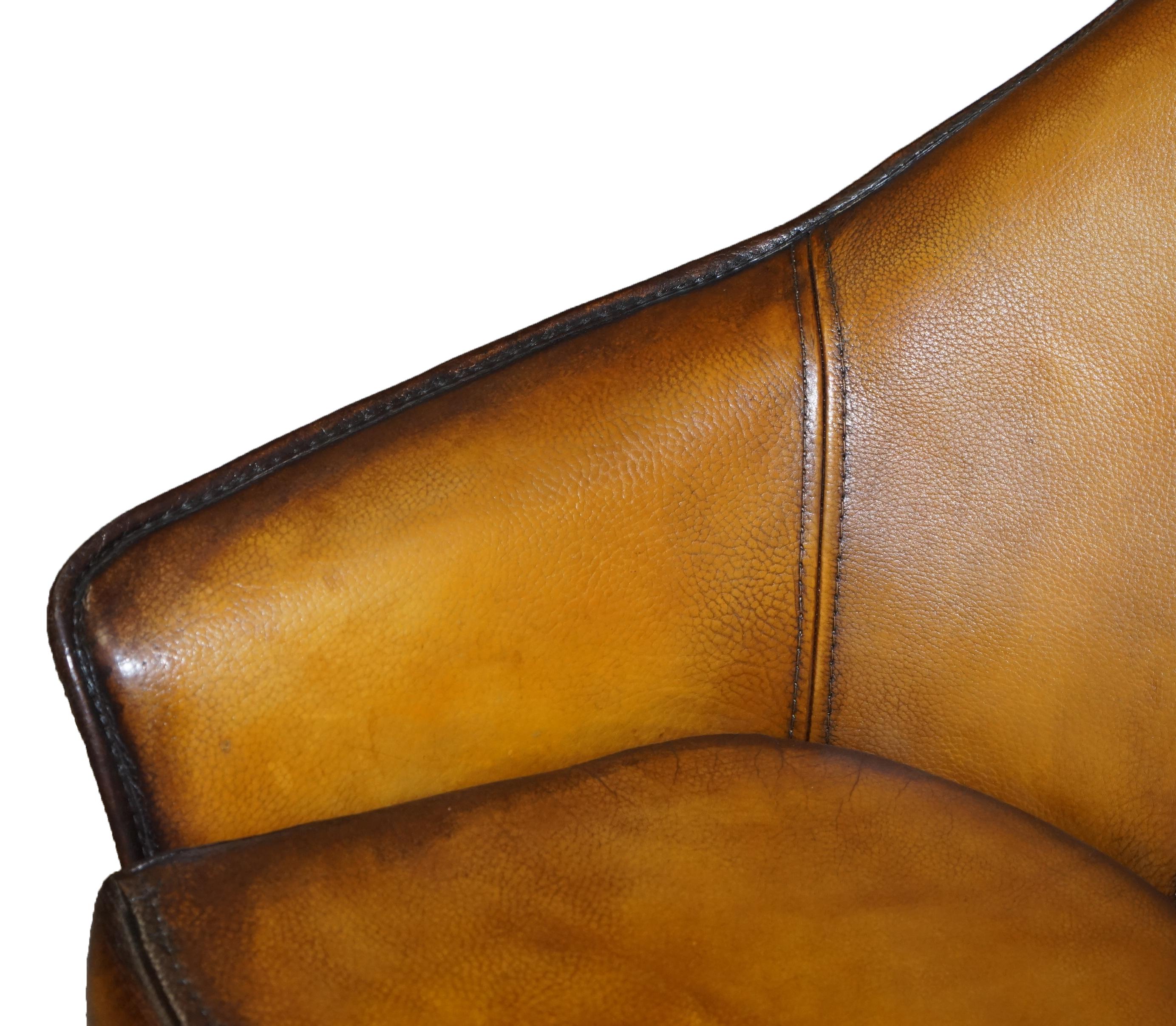 Pair of Restored Art Modern Curved Back Brown Leather Armchairs Part of Suite For Sale 9