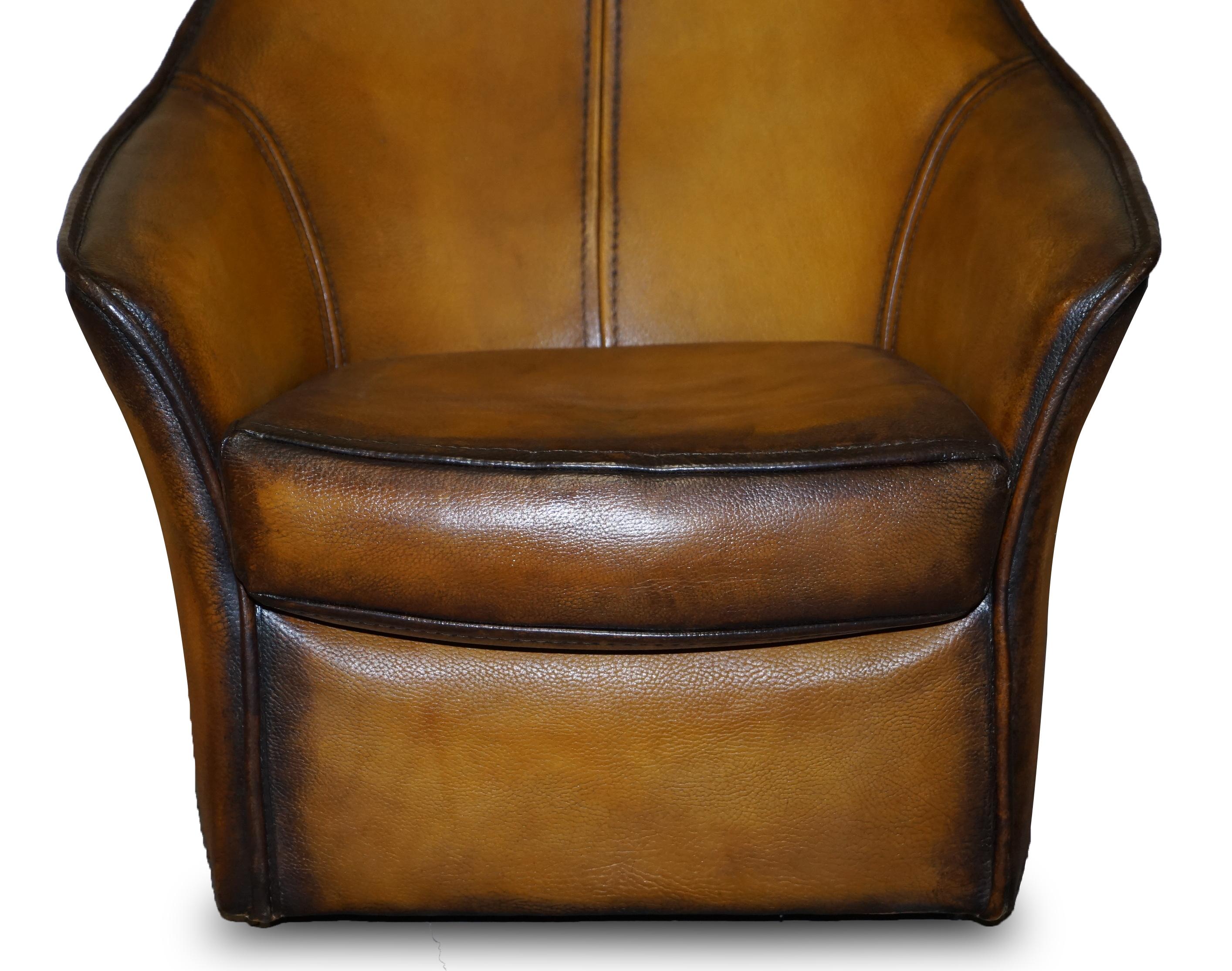 Pair of Restored Art Modern Curved Back Brown Leather Armchairs Part of Suite For Sale 10