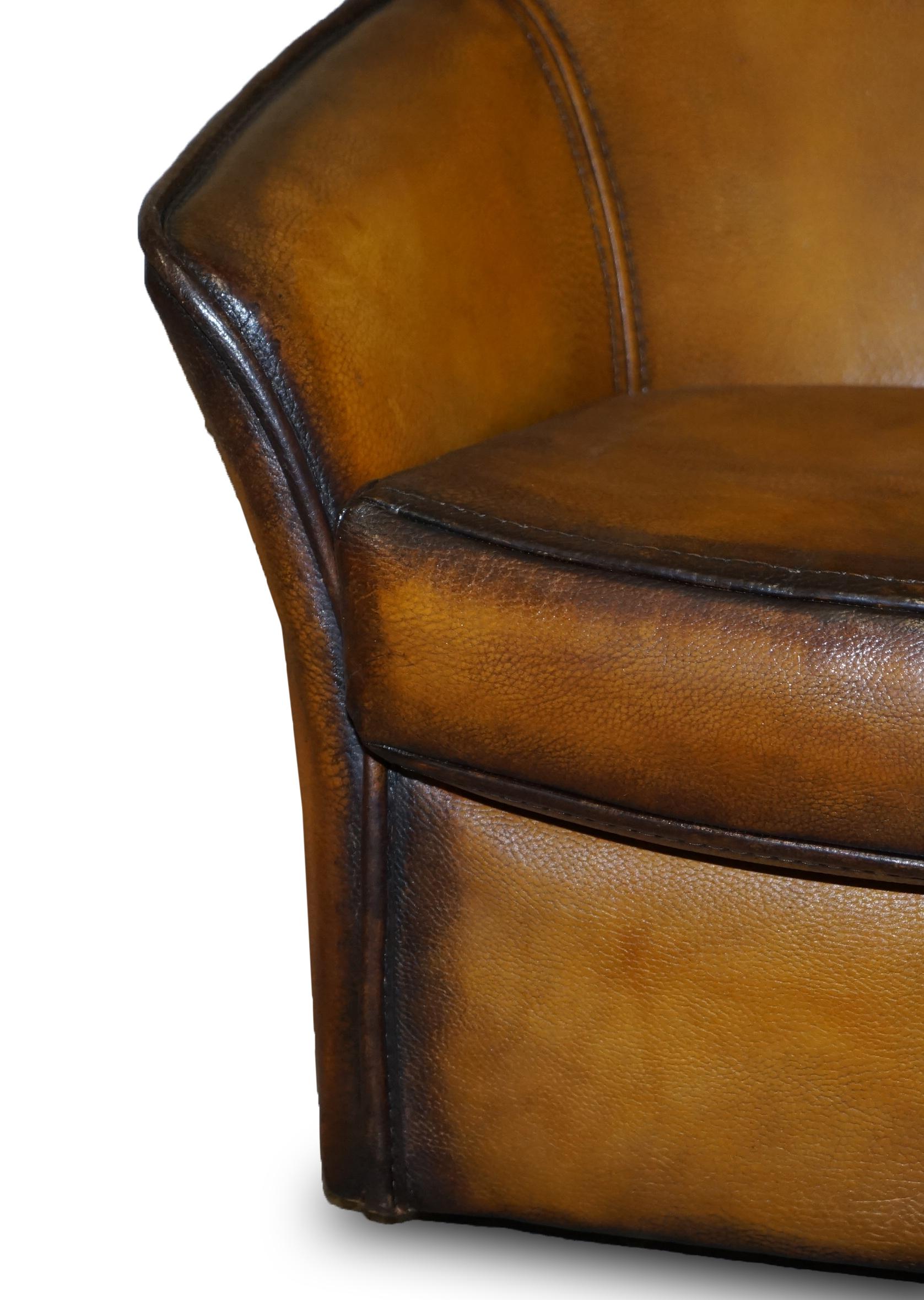 Pair of Restored Art Modern Curved Back Brown Leather Armchairs Part of Suite For Sale 11