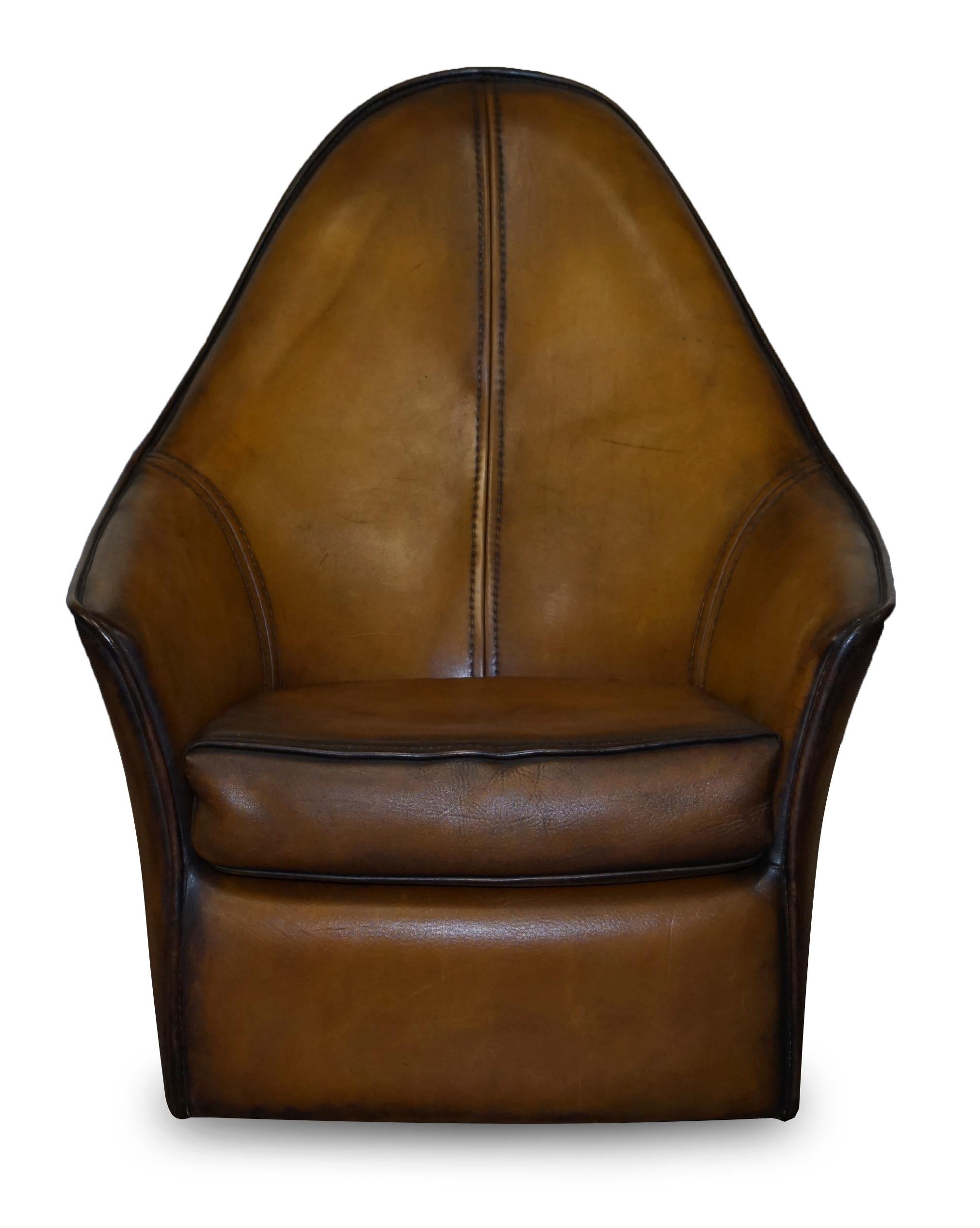 Post-Modern Pair of Restored Art Modern Curved Back Brown Leather Armchairs Part of Suite For Sale