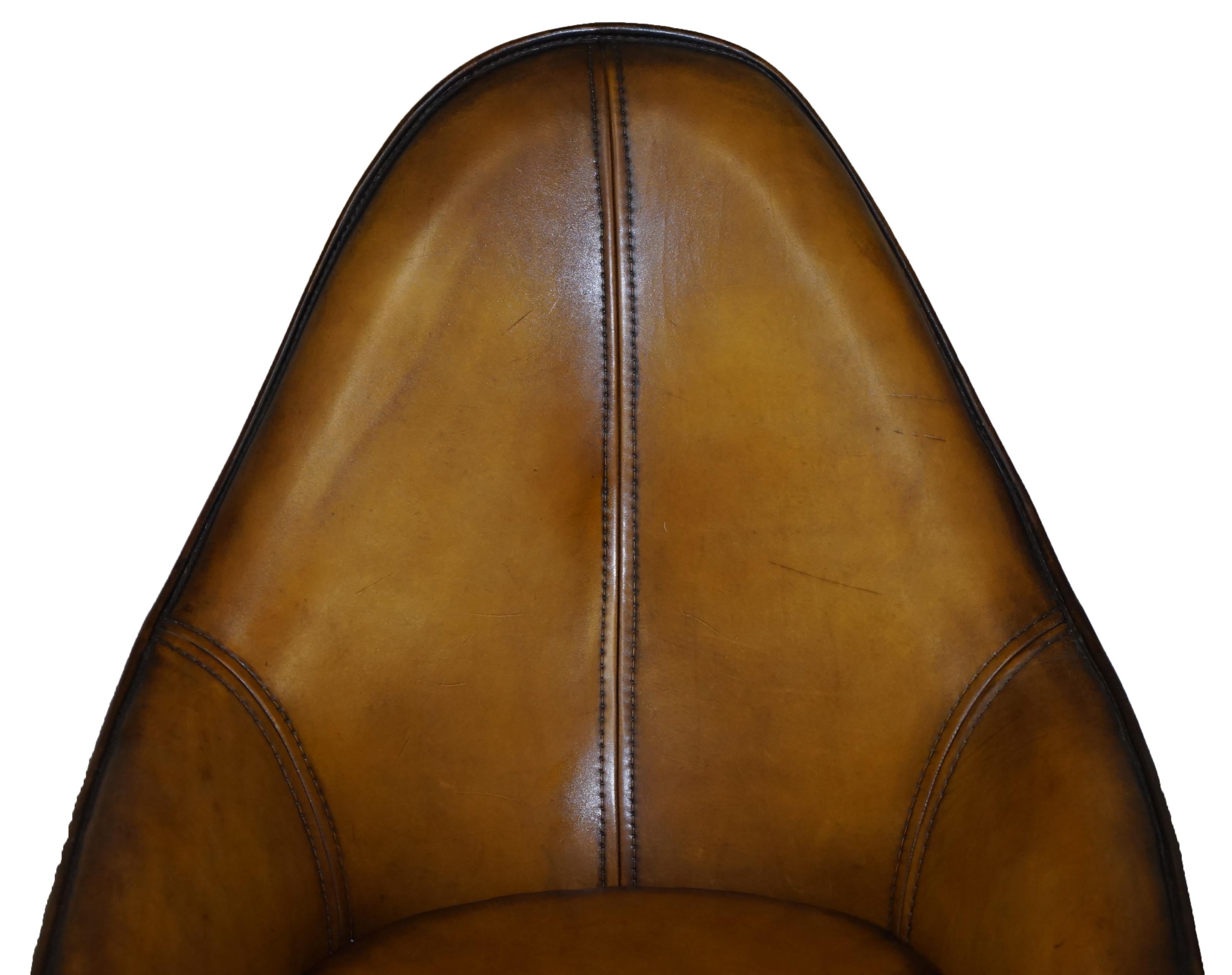 English Pair of Restored Art Modern Curved Back Brown Leather Armchairs Part of Suite For Sale
