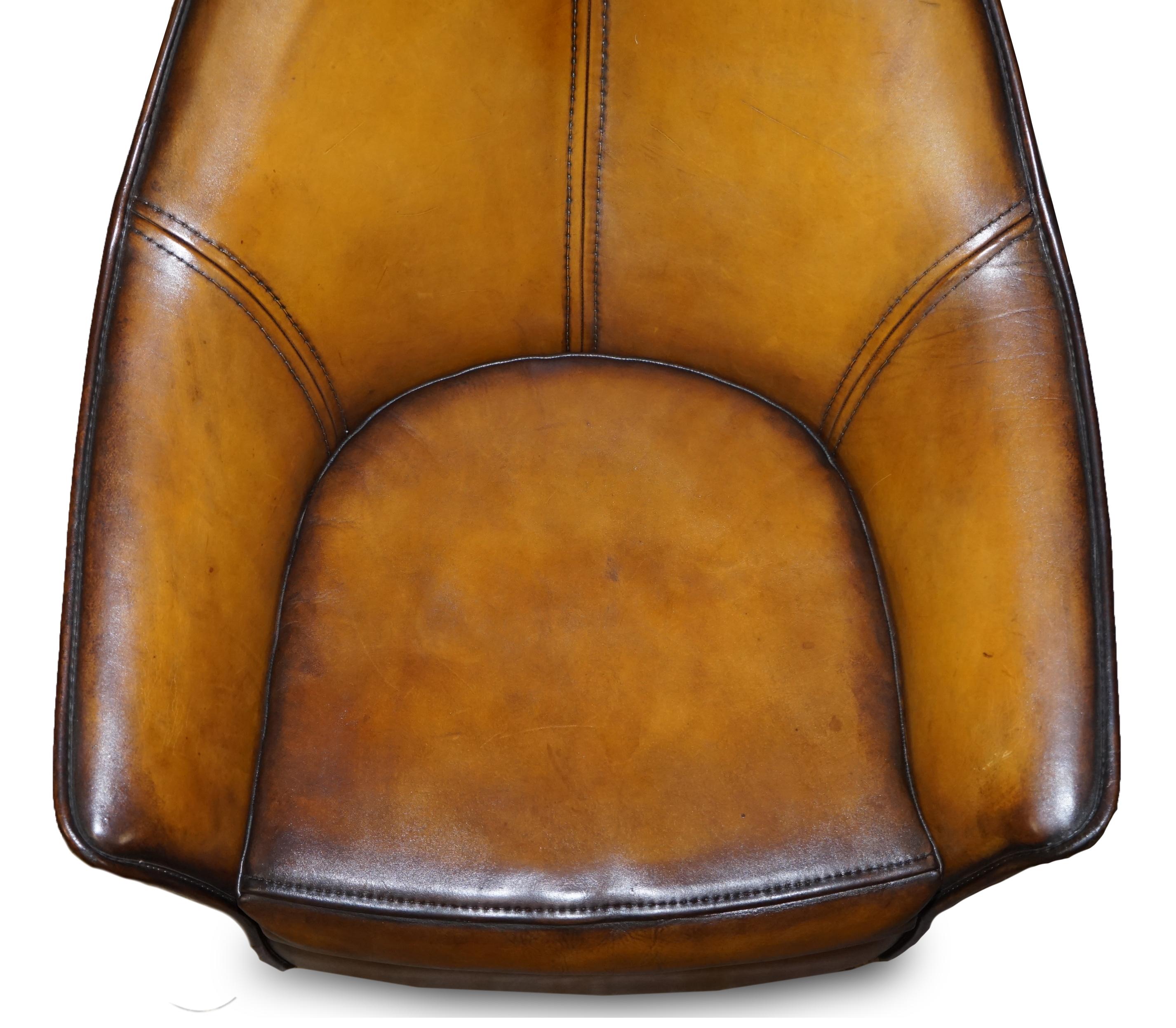 Hand-Crafted Pair of Restored Art Modern Curved Back Brown Leather Armchairs Part of Suite For Sale