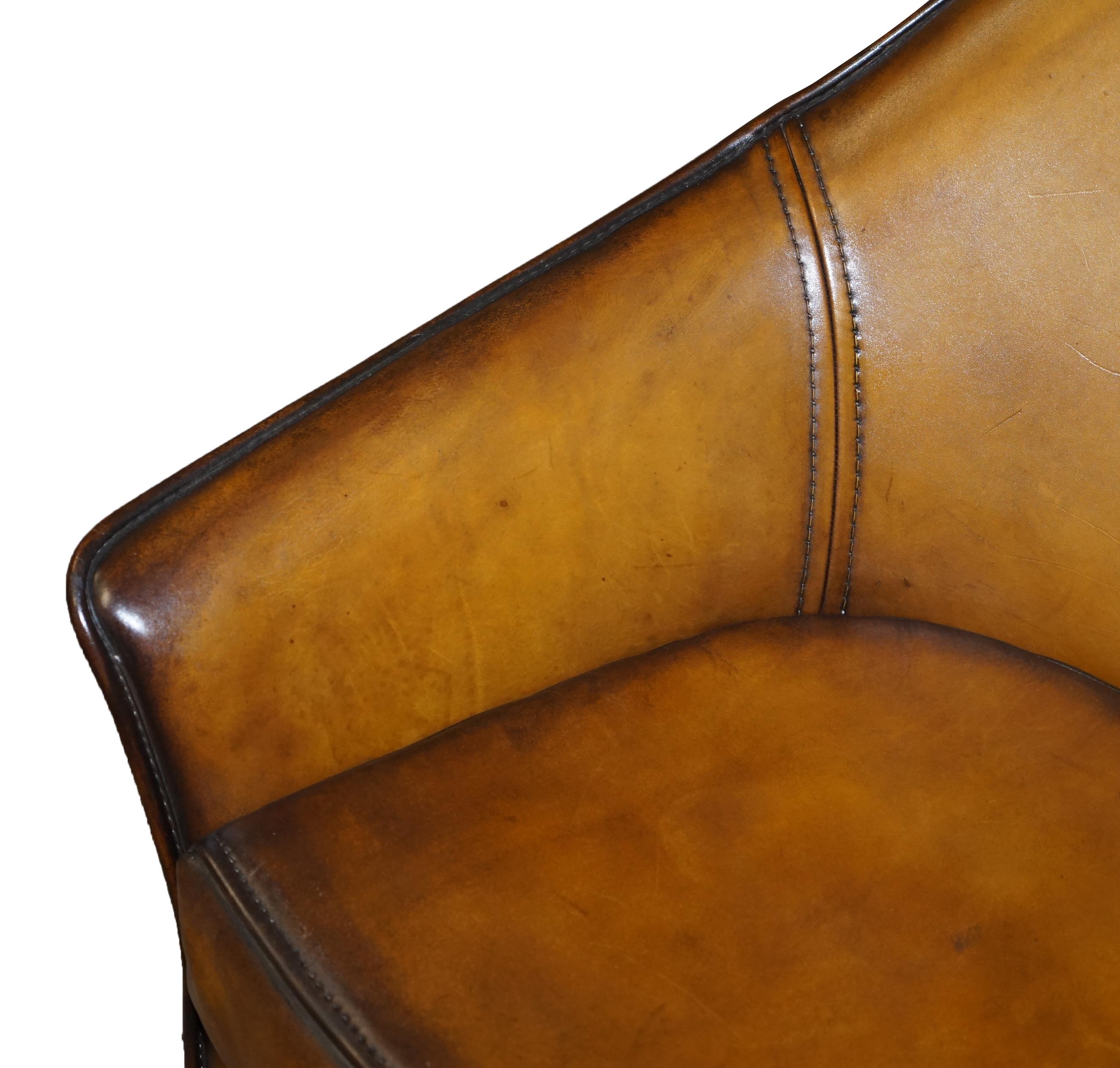 20th Century Pair of Restored Art Modern Curved Back Brown Leather Armchairs Part of Suite For Sale