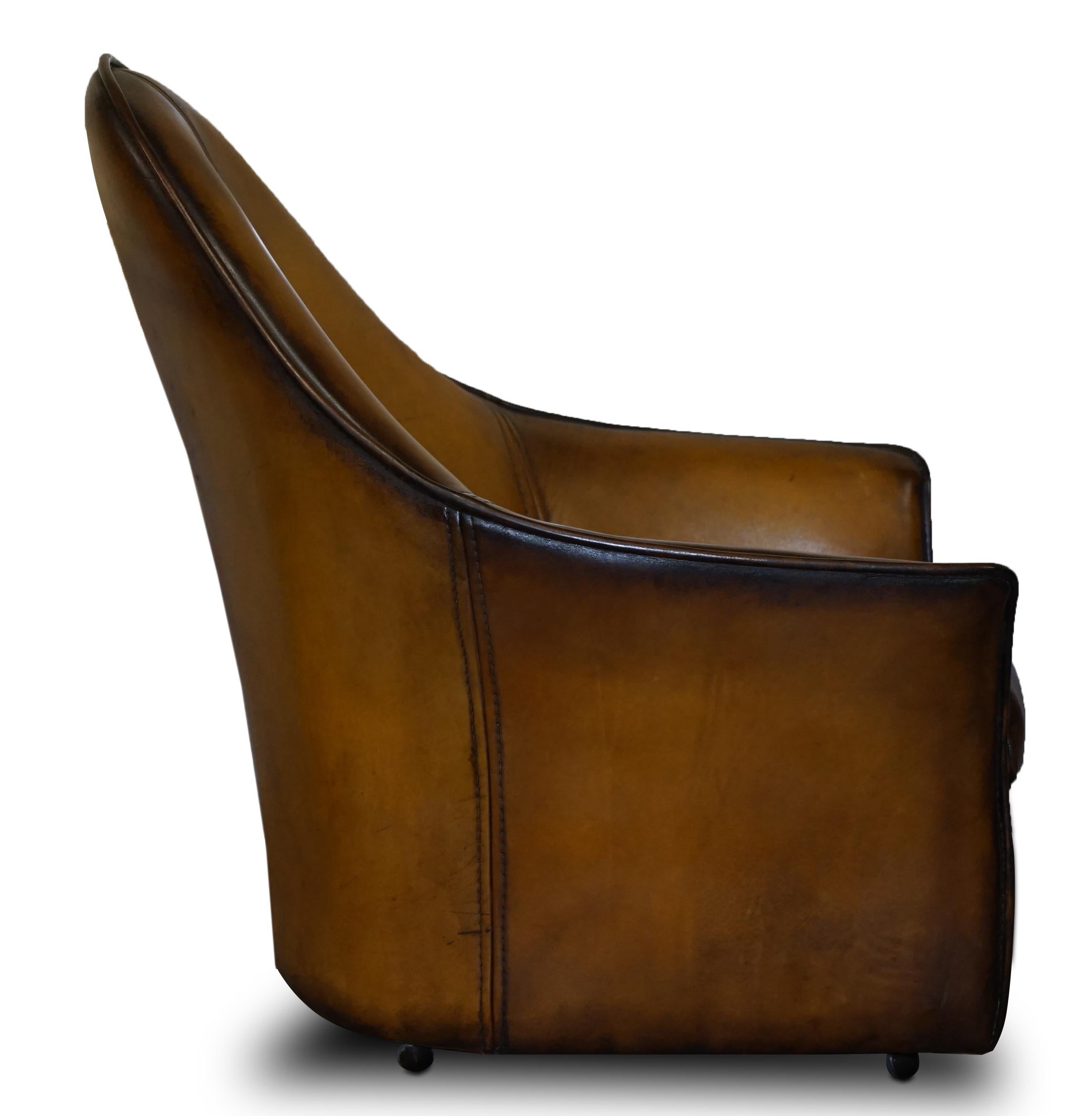 Pair of Restored Art Modern Curved Back Brown Leather Armchairs Part of Suite For Sale 2