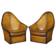 Pair of Restored Art Modern Curved Back Brown Leather Armchairs Part of Suite