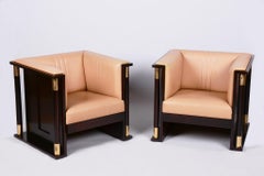 Pair of Restored Art Nouveau Armchairs, by J. Hoffmann, Mahogany, Austria 1910s