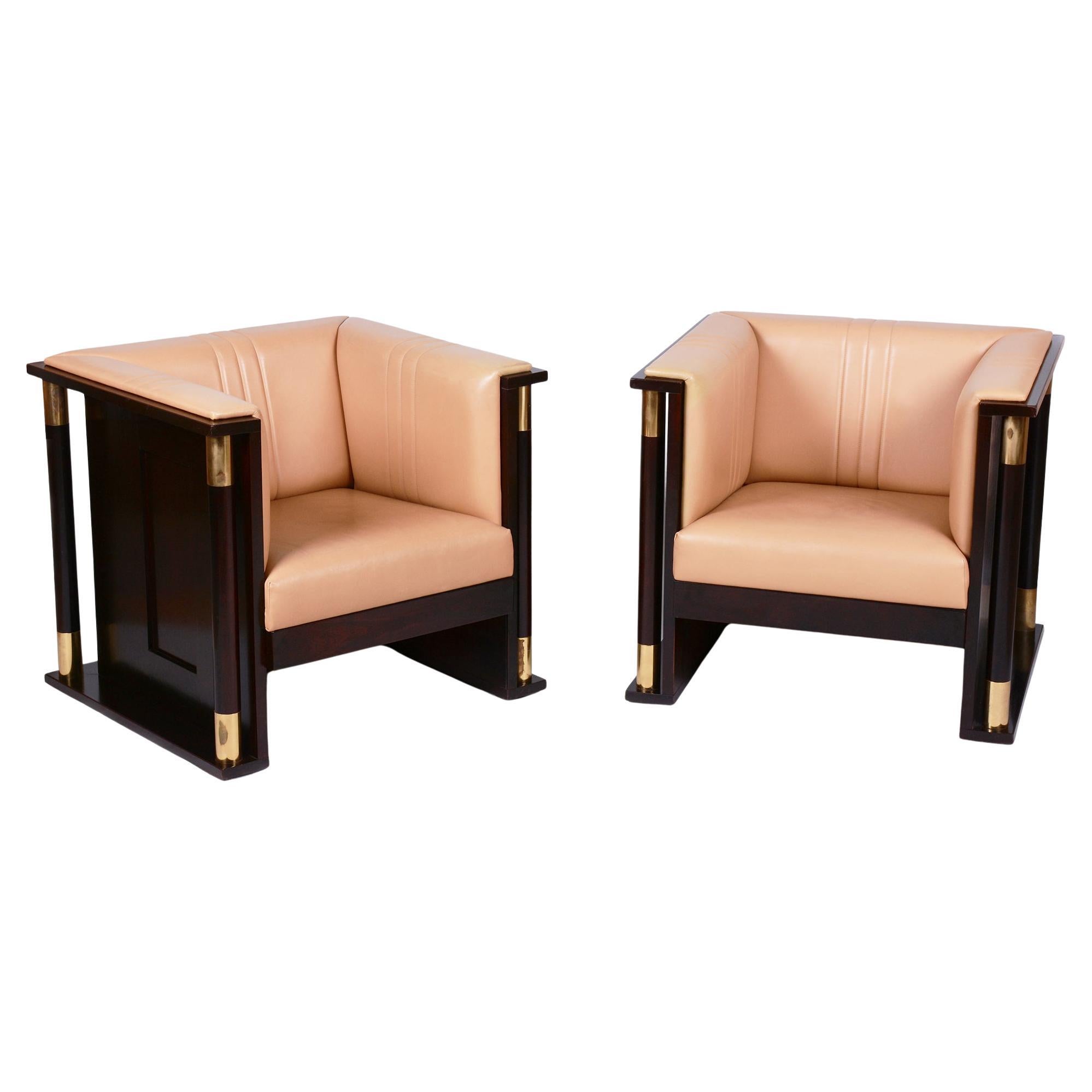 Pair of Restored Art Nouveau Armchairs, by J. Hoffmann, Mahogany, Austria 1910s