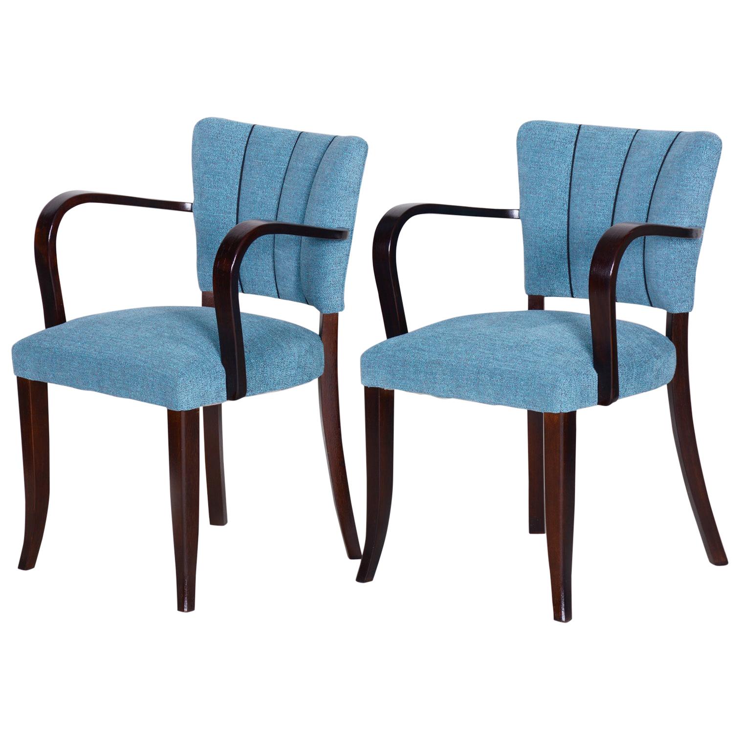 Pair of Restored Art Deco Blue Oak Armchairs, 1930s, France, New Upholstery