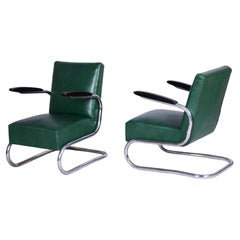 Antique Pair of Restored Bauhaus Armchairs, by Mauser, Beech, Chrome, Germany, 1930s