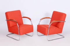 Pair of Restored Bauhaus Armchairs, by Mücke-Melder, Beech, Chrome, Czech, 1930s