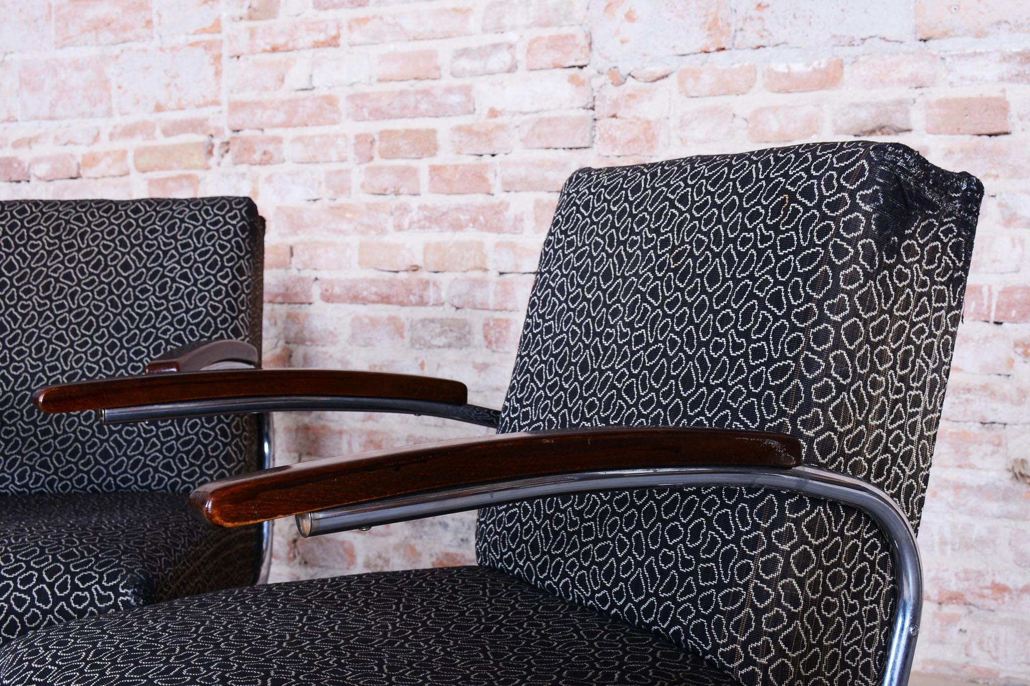 Paire de fauteuils Bauhaus restaurés, par Mücke & Melder, hêtre, chrome, tchèque, années 1930 en vente 3