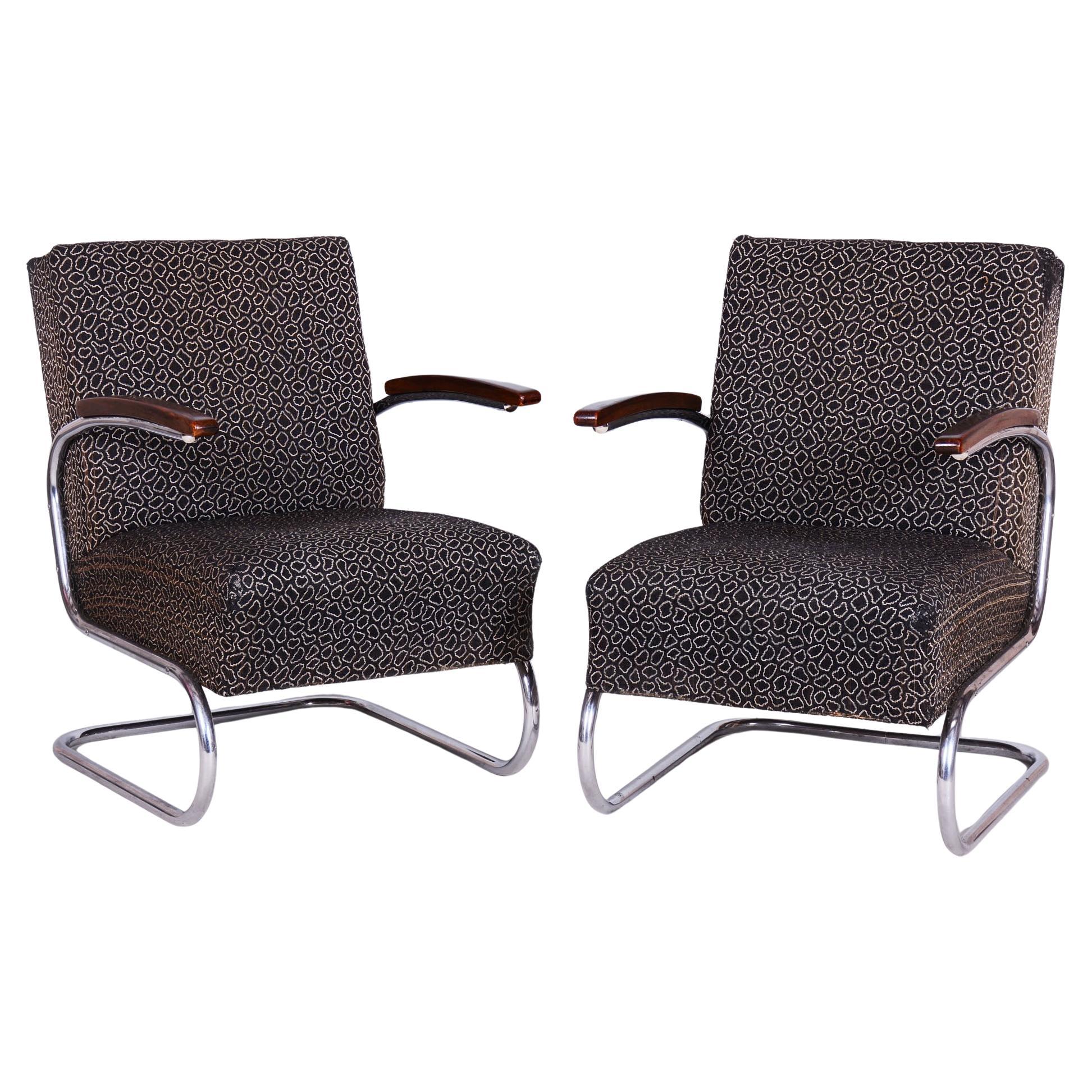 Pair of Restored Bauhaus Armchairs, by Mücke-Melder, Beech, Chrome, Czech, 1930s