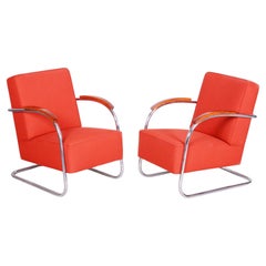 Pareja de sillones Bauhaus restaurados, de Mücke & Melder, Haya, Cromo, Checoslovaquia, Años 30