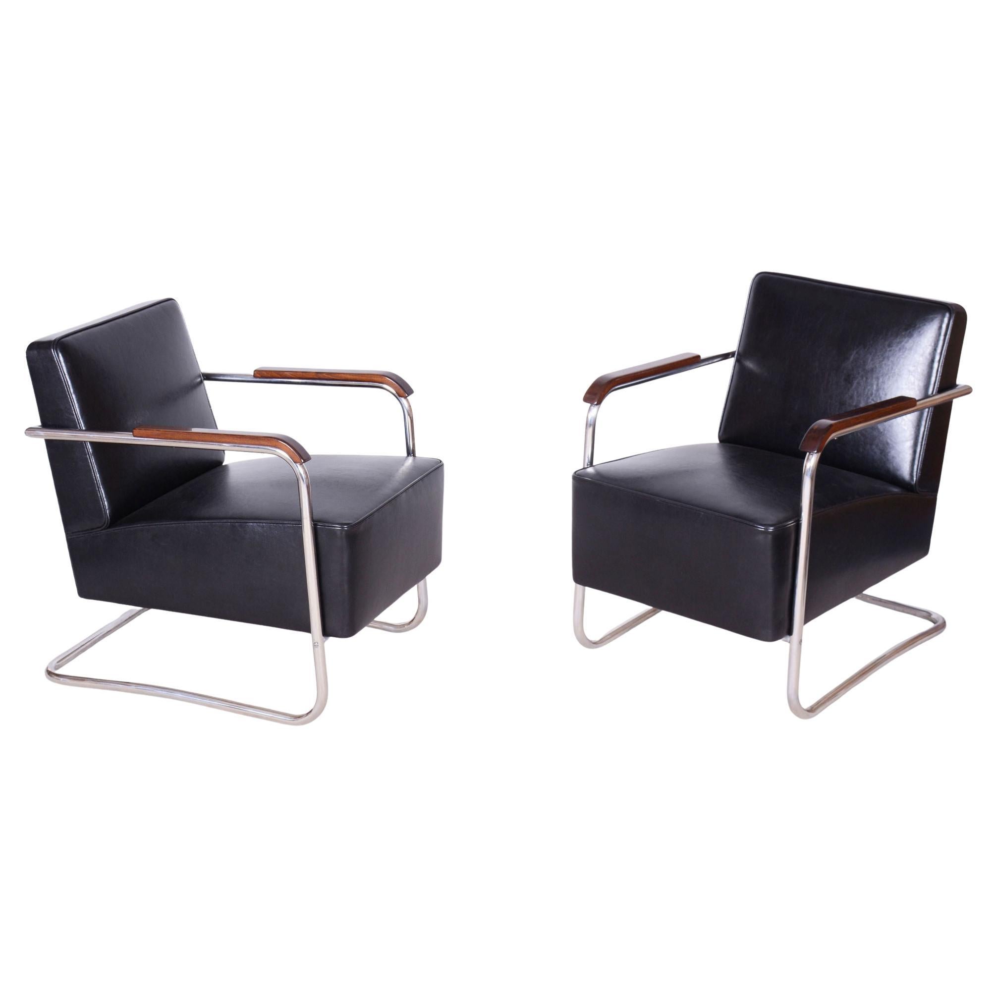 Pair of Restored Bauhaus Armchairs, by Mücke-Melder, Leather, Czech, 1930s