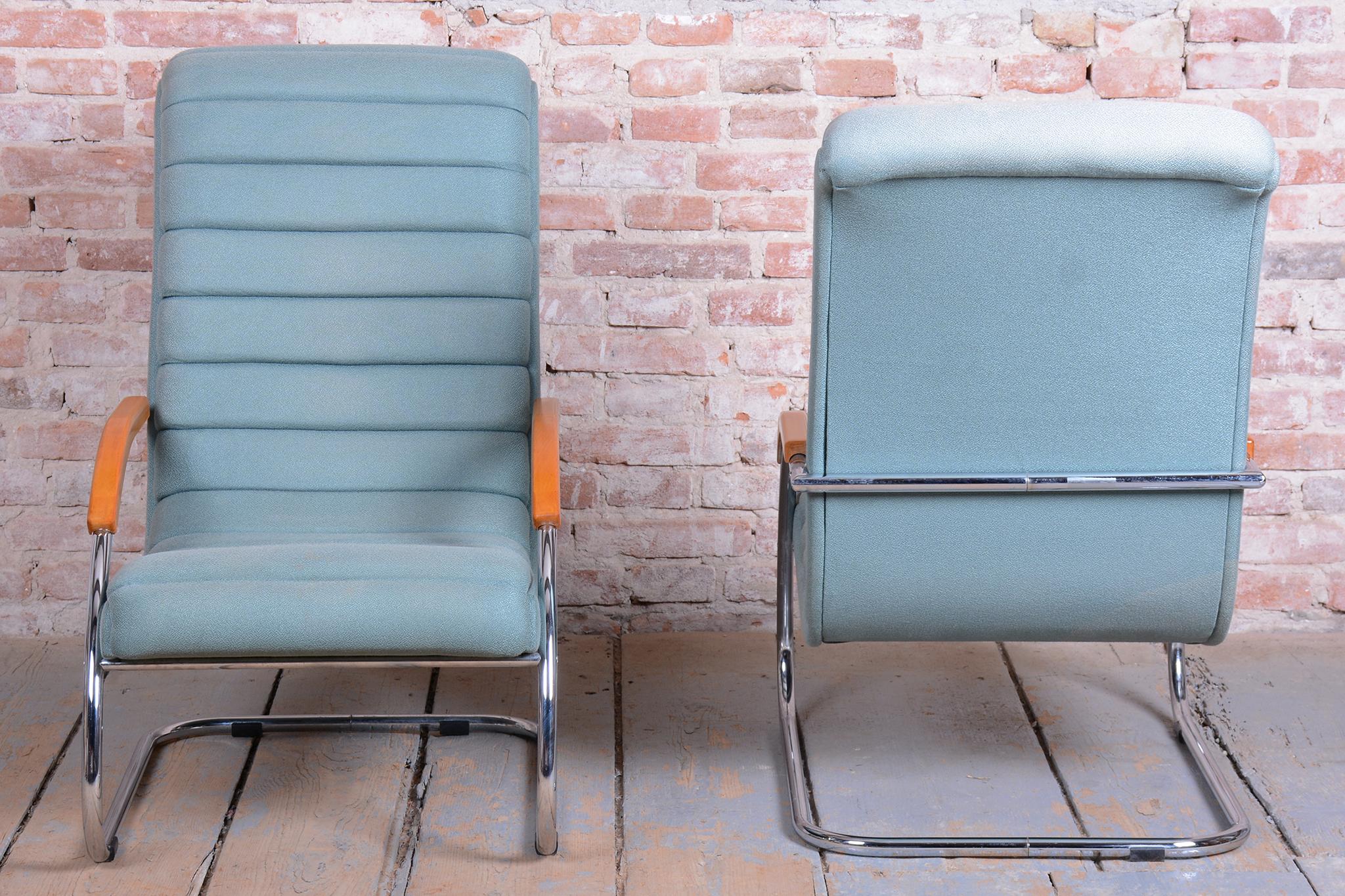 Pareja de sillones Bauhaus restaurados, de R.Slezak, modelo K32, cromados, República Checa, años 30 en Bueno estado para la venta en Brandys nad Labem, Středočeský kraj