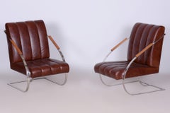 Pair of Restored Bauhaus Armchairs, Leather, Nickel, Steel, Oak, Czech, 1920s