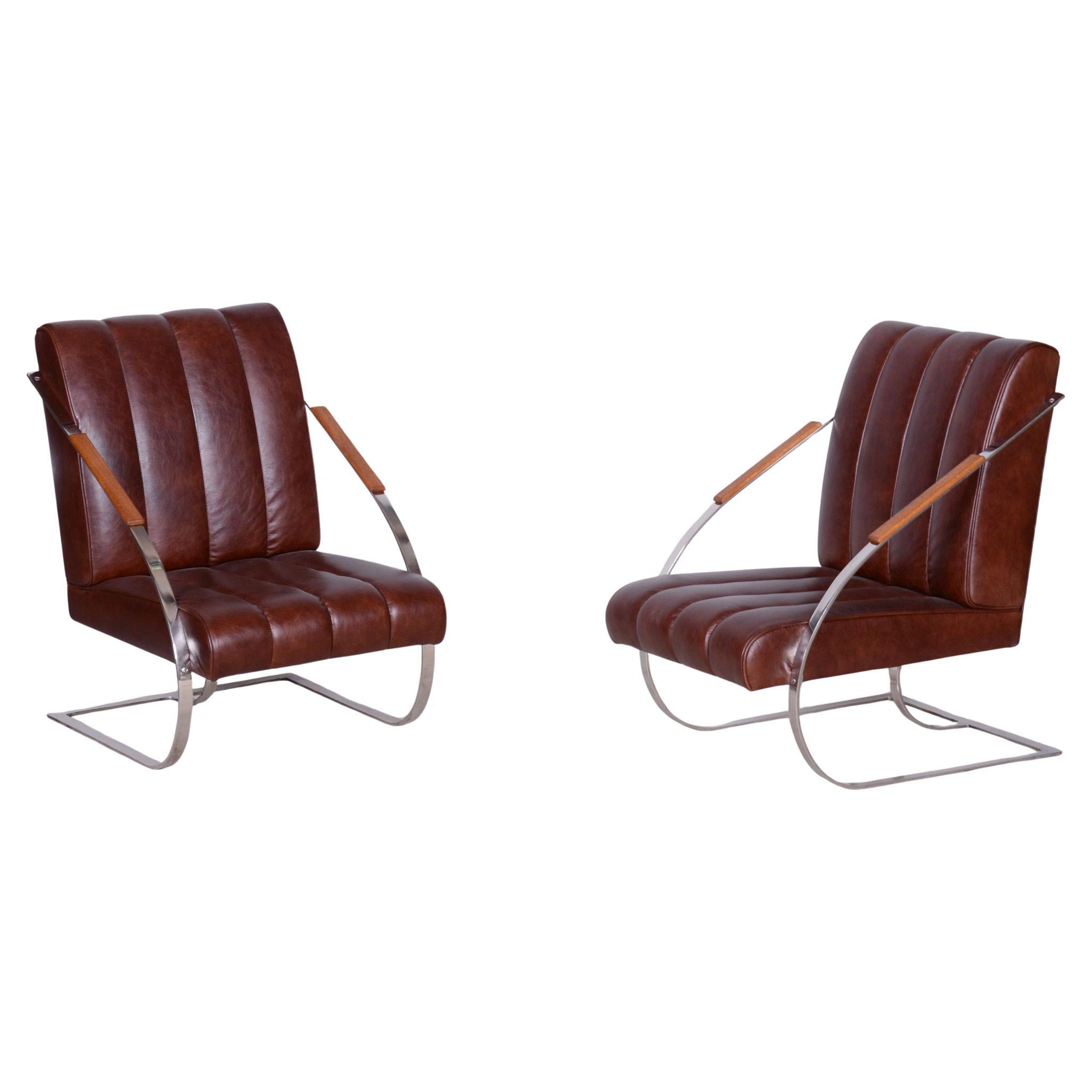 Pair of Restored Bauhaus Armchairs, Leather, Nickel, Steel, Oak, Czech, 1920s