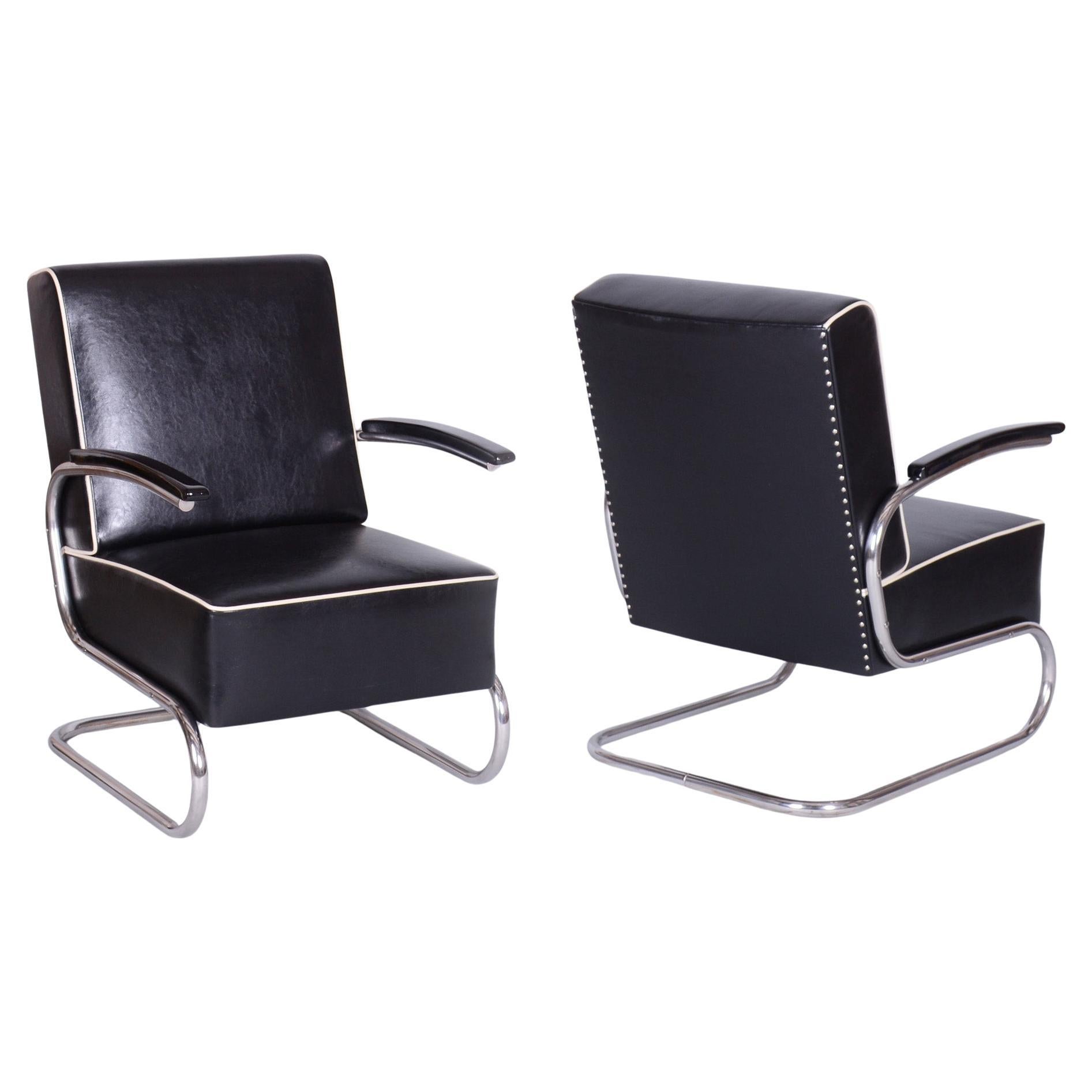 Pair of Restored Bauhaus Armchairs, Mücke-Melder, Leather, Chrome, Czech, 1930s