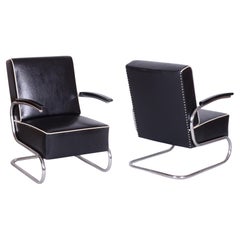 Pair of Restored Bauhaus Armchairs, Mücke-Melder, Leather, Chrome, Czech, 1930s